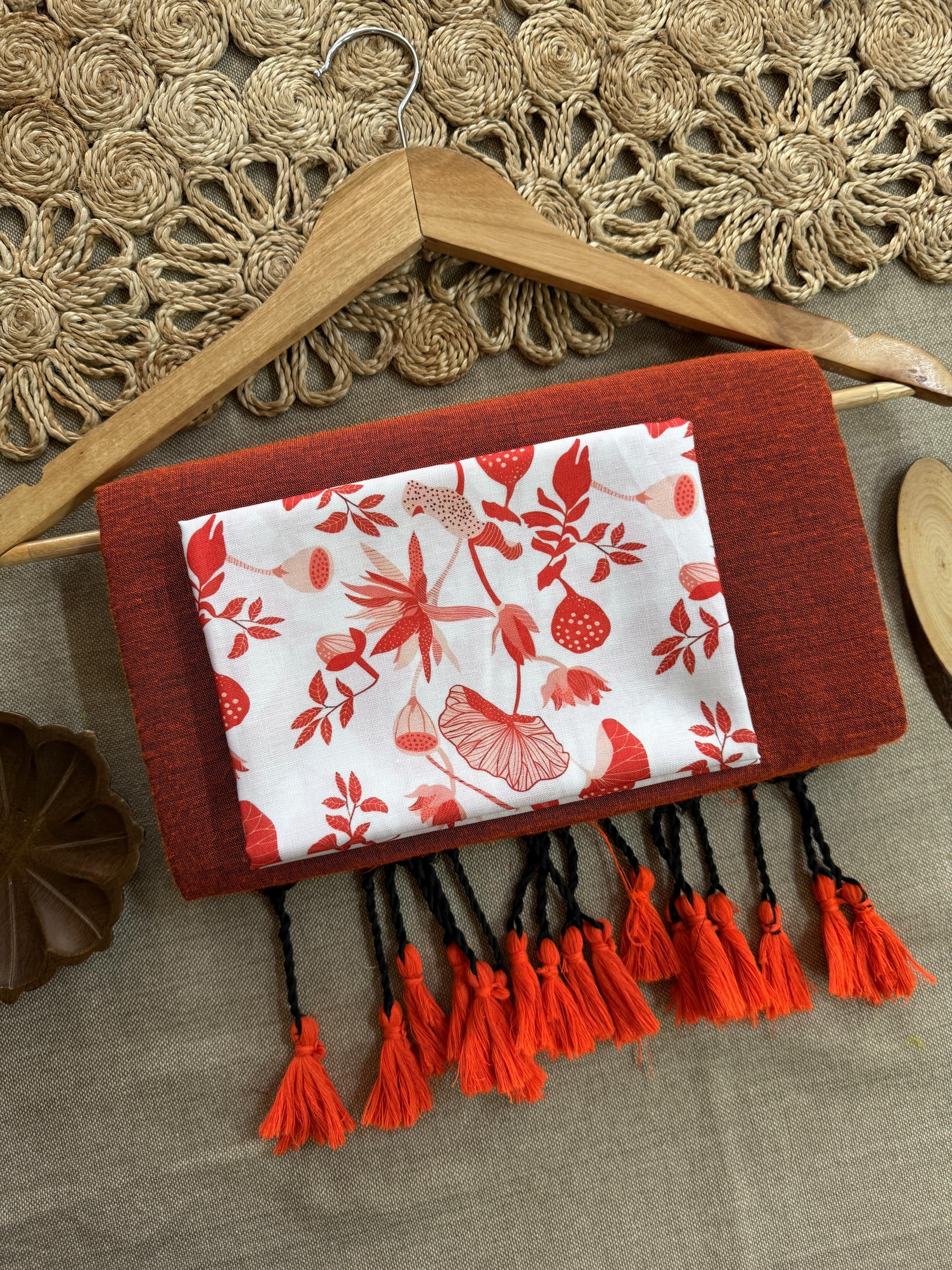 Dharma Exclusive - Orange Handloom Cotton Saree With Printed Blouse
