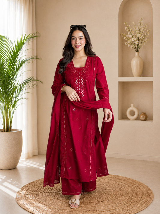 Elegant Red Roman Silk Embroidered Suit Set