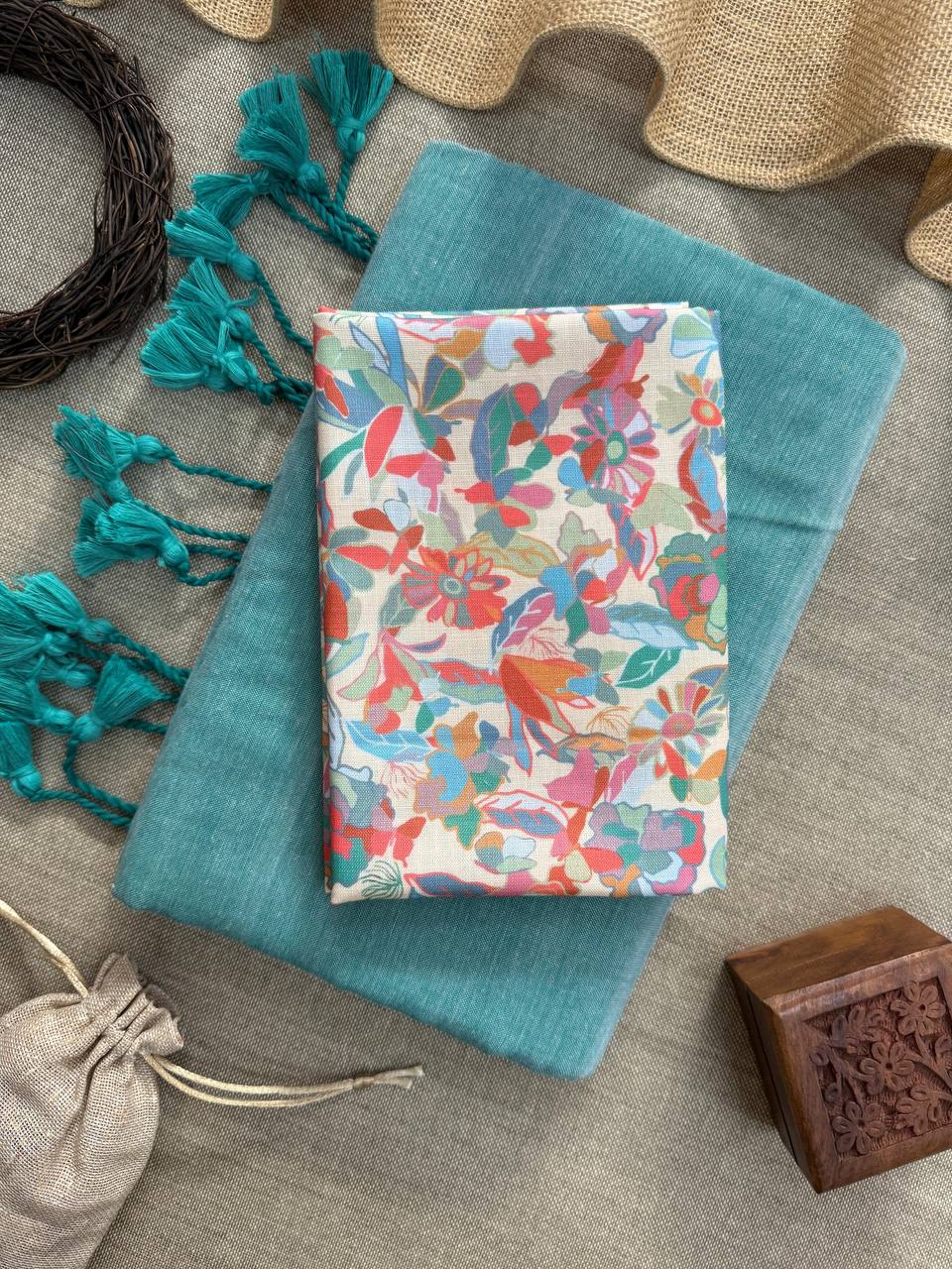 ANGELICA - C GREEN HANDLOOM COTTON SAREE WITH PRINTED BLOUSE