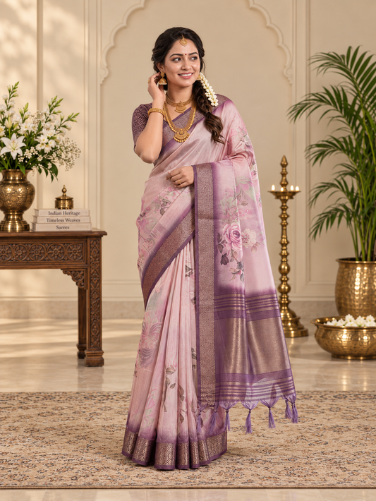 Elegant Blush Pink Soft Tissue Silk Saree with Floral Digital Prints