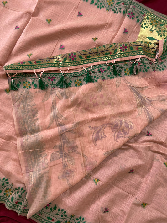 Elegant Muga Cotton Paithani Saree with Woven Deer Motif