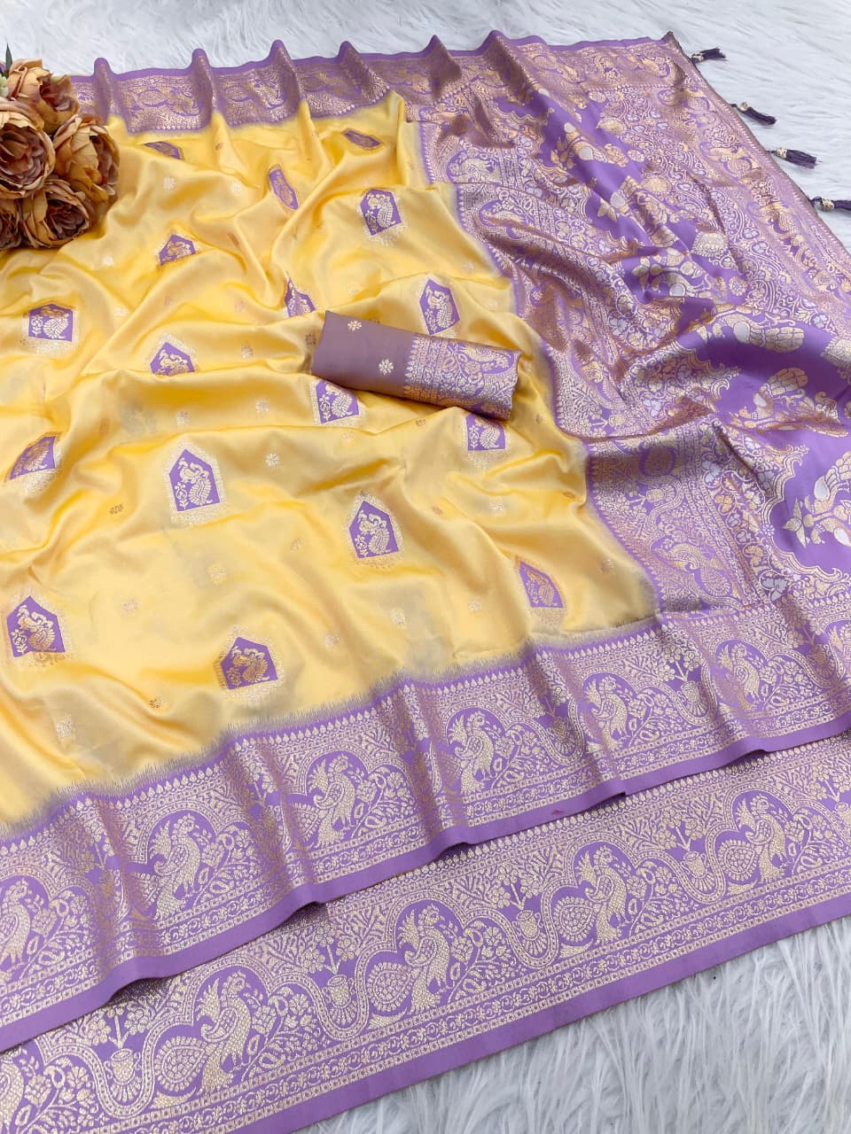 Elegant Light Yellow Silk Saree with Lavender Designer Border