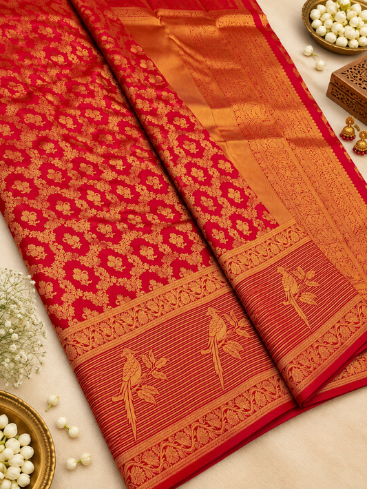 Designer Red Banarasi Silk Saree with Golden Bird Motif Border