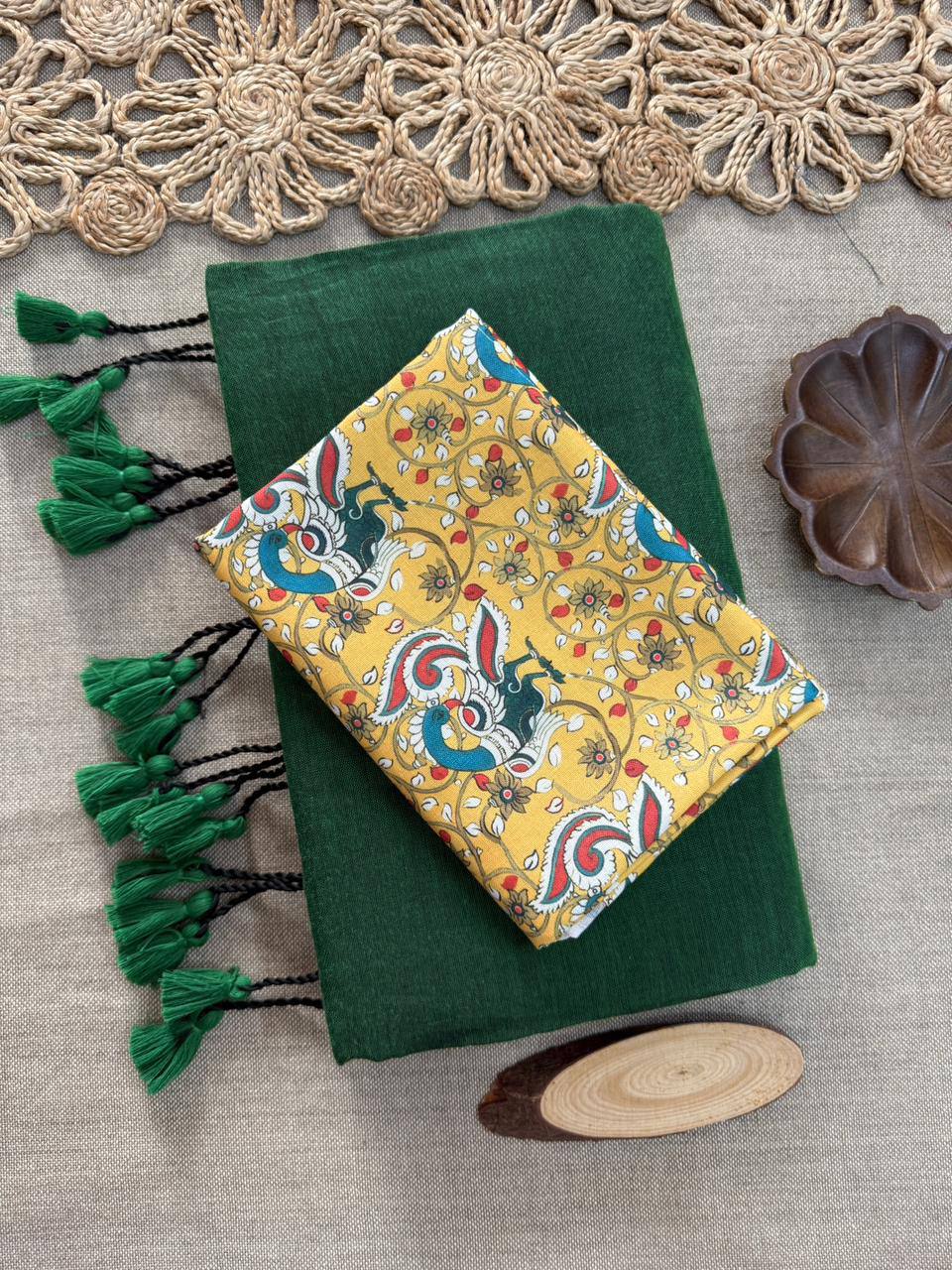 Dharma Exclusive - Green Handloom Cotton Saree With Printed Blouse