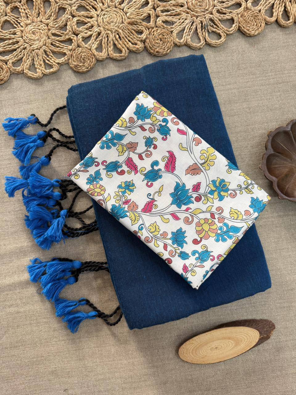 Dharma Exclusive - Blue Handloom Cotton Saree With Printed Blouse