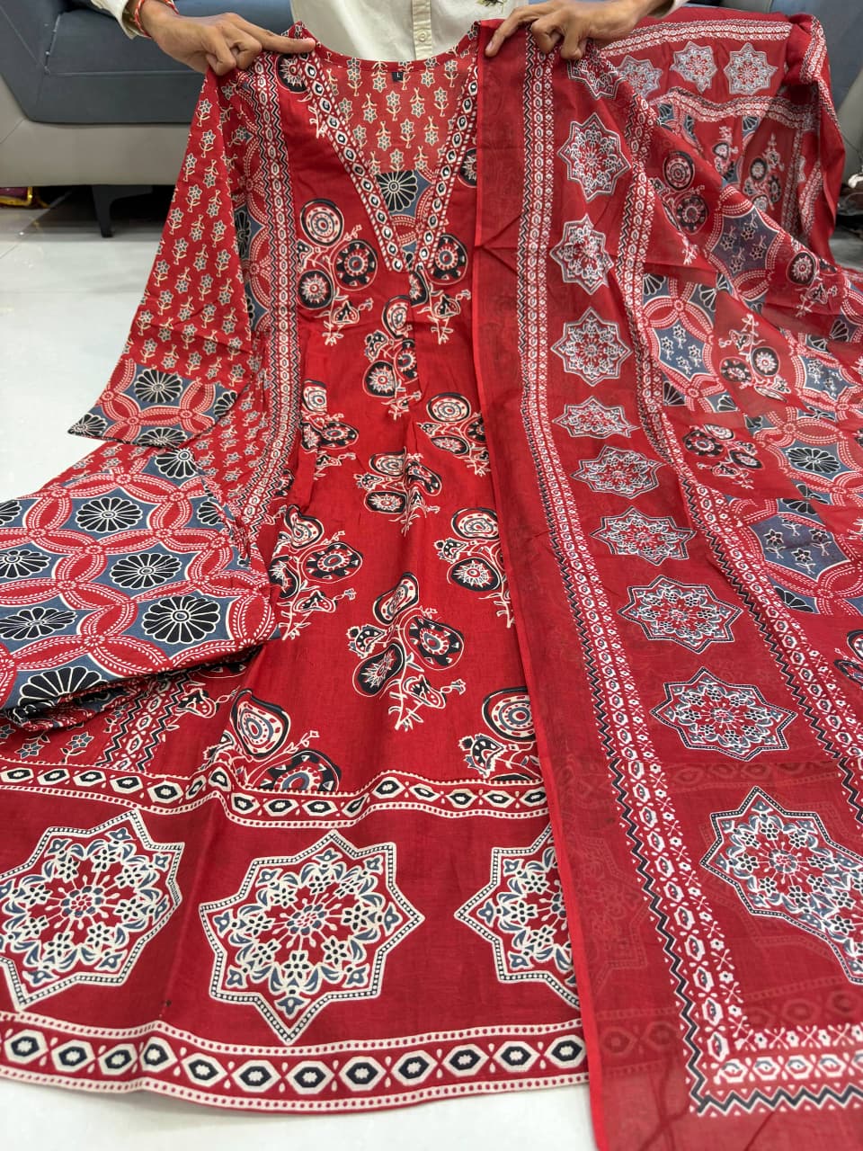 New Arrival Ajarakh Print Anarkali Suit Set