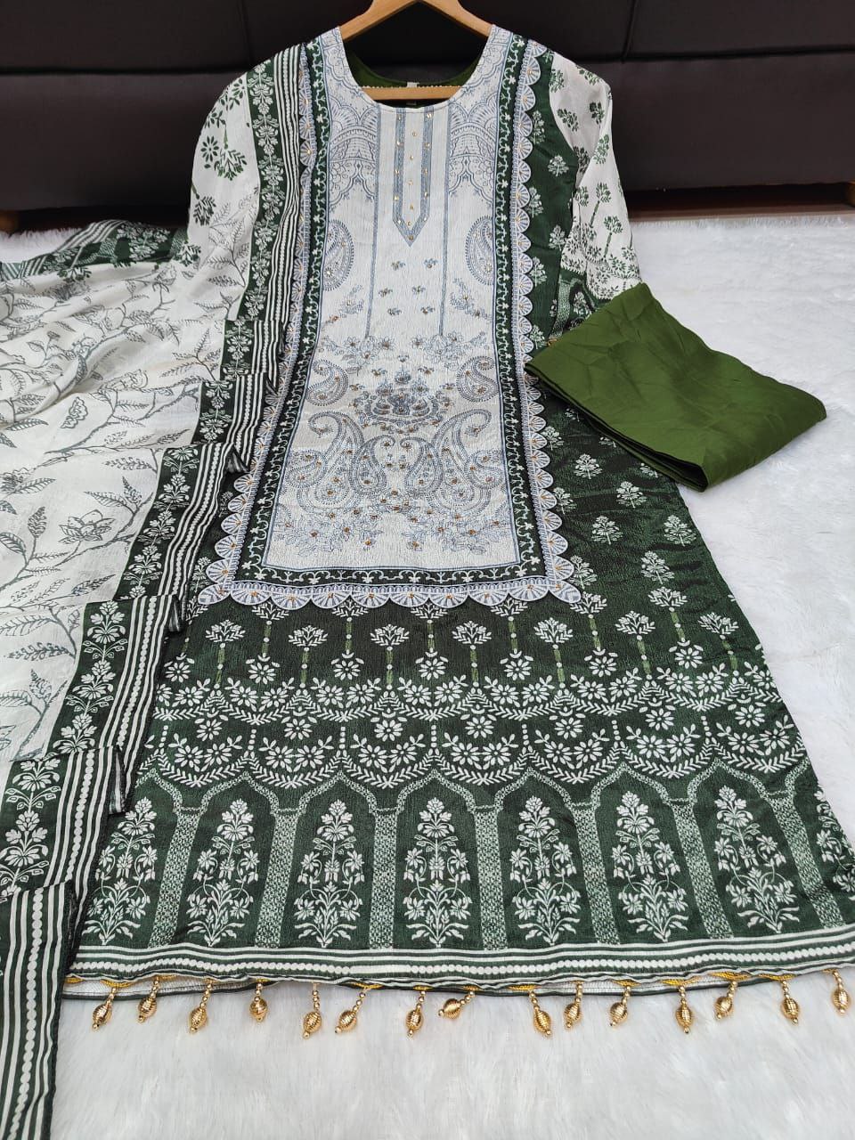 Premium Green and White Chinon Silk Salwar Suit with Premium Diamond Hand Work