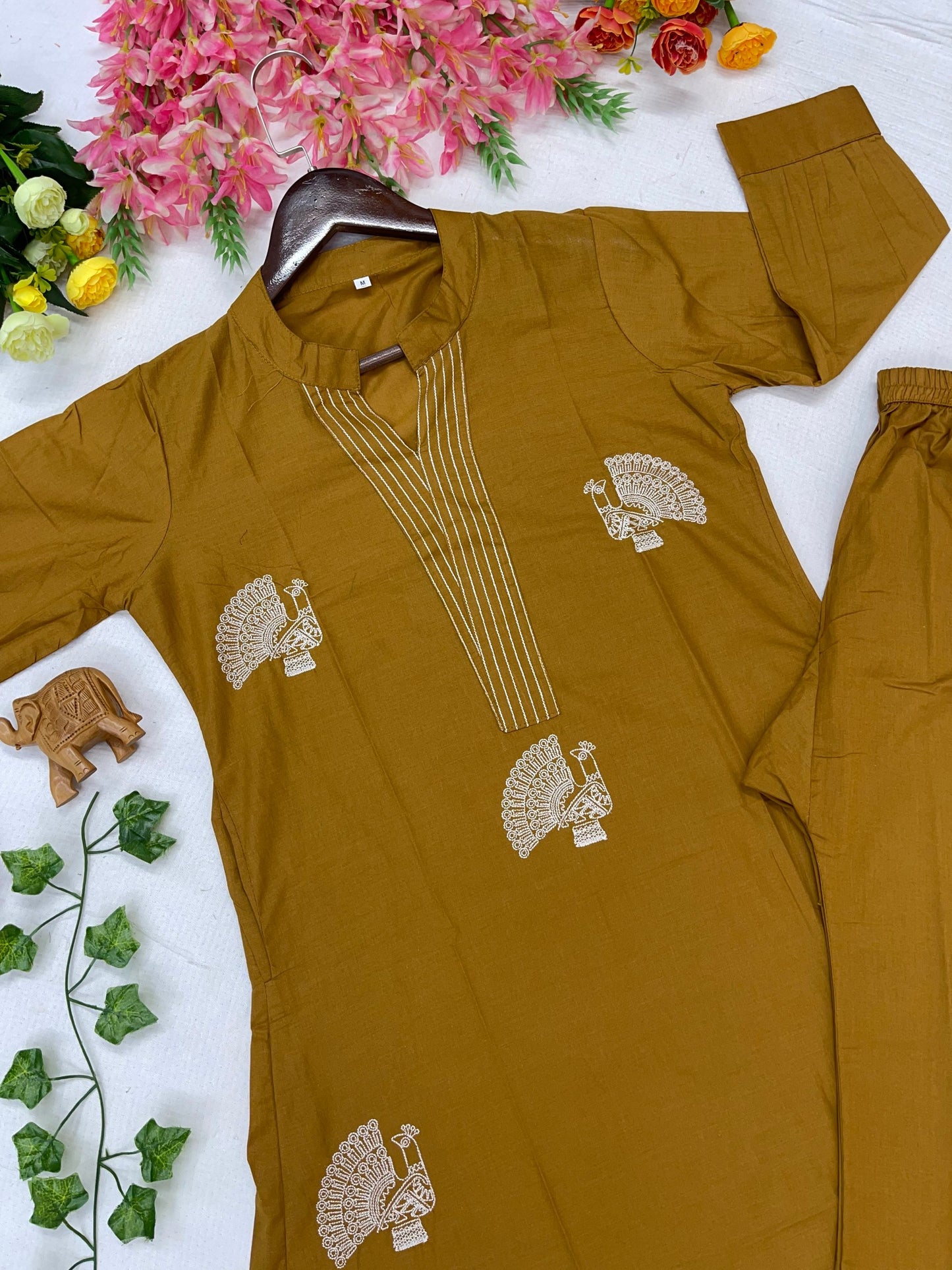 Elegant Yellow Voile Cotton A-Line Kurta Set with Peacock Thread Embroidery