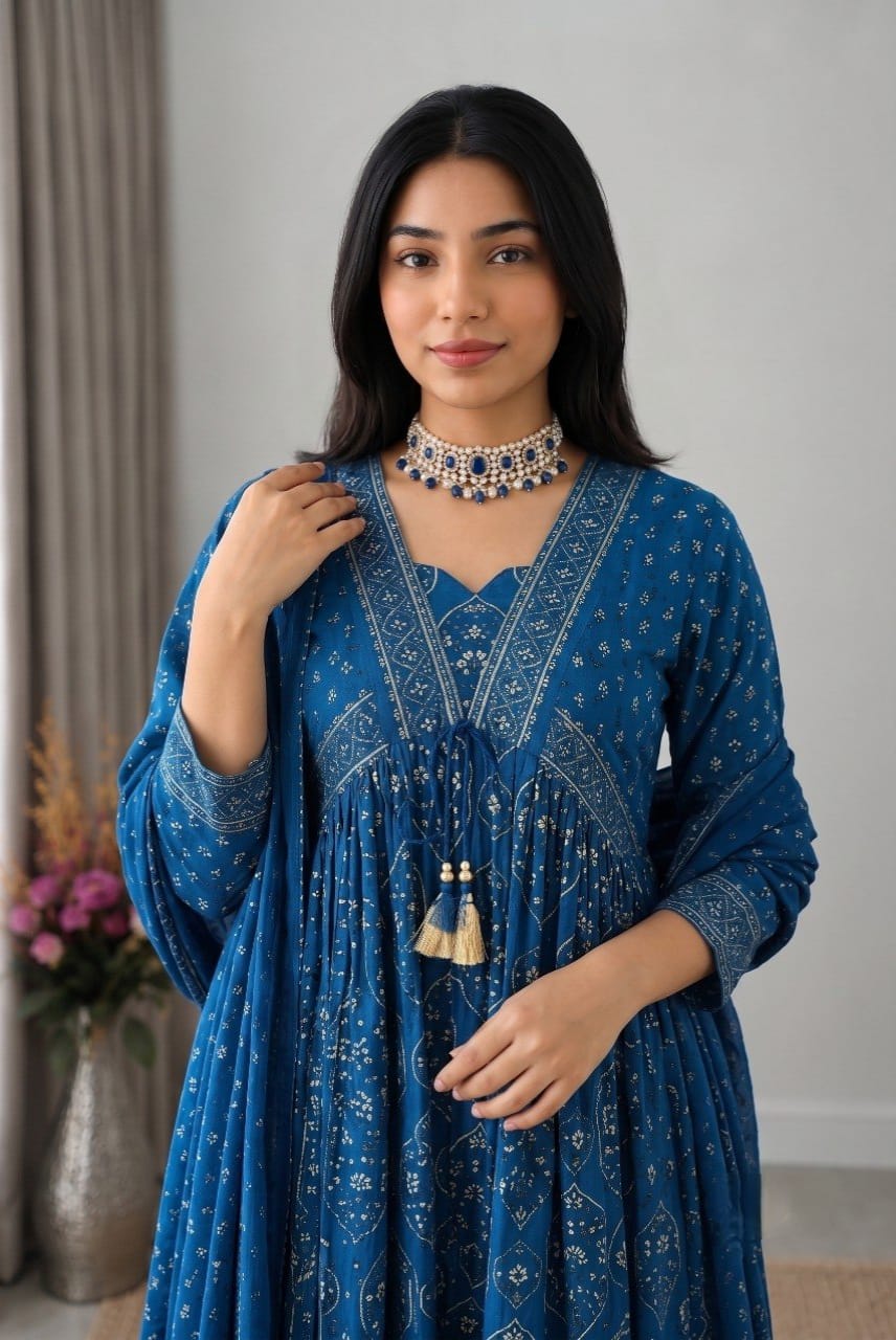 Premium Royal Blue Cotton Anarkali Suit Set