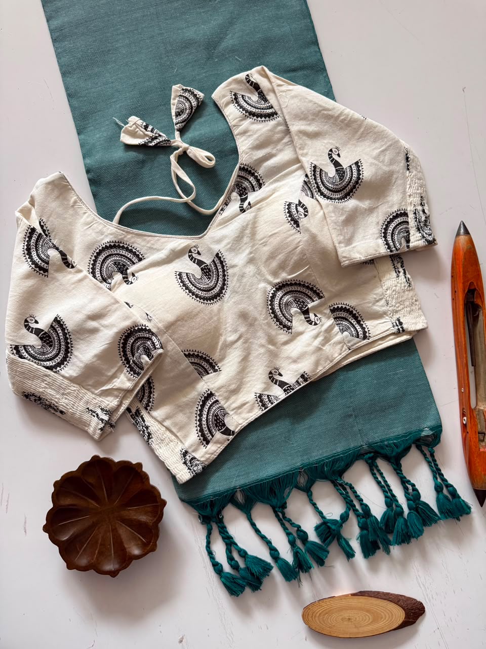 Artisanal Teal Blue Handloom Saree with Stiched Blouse
