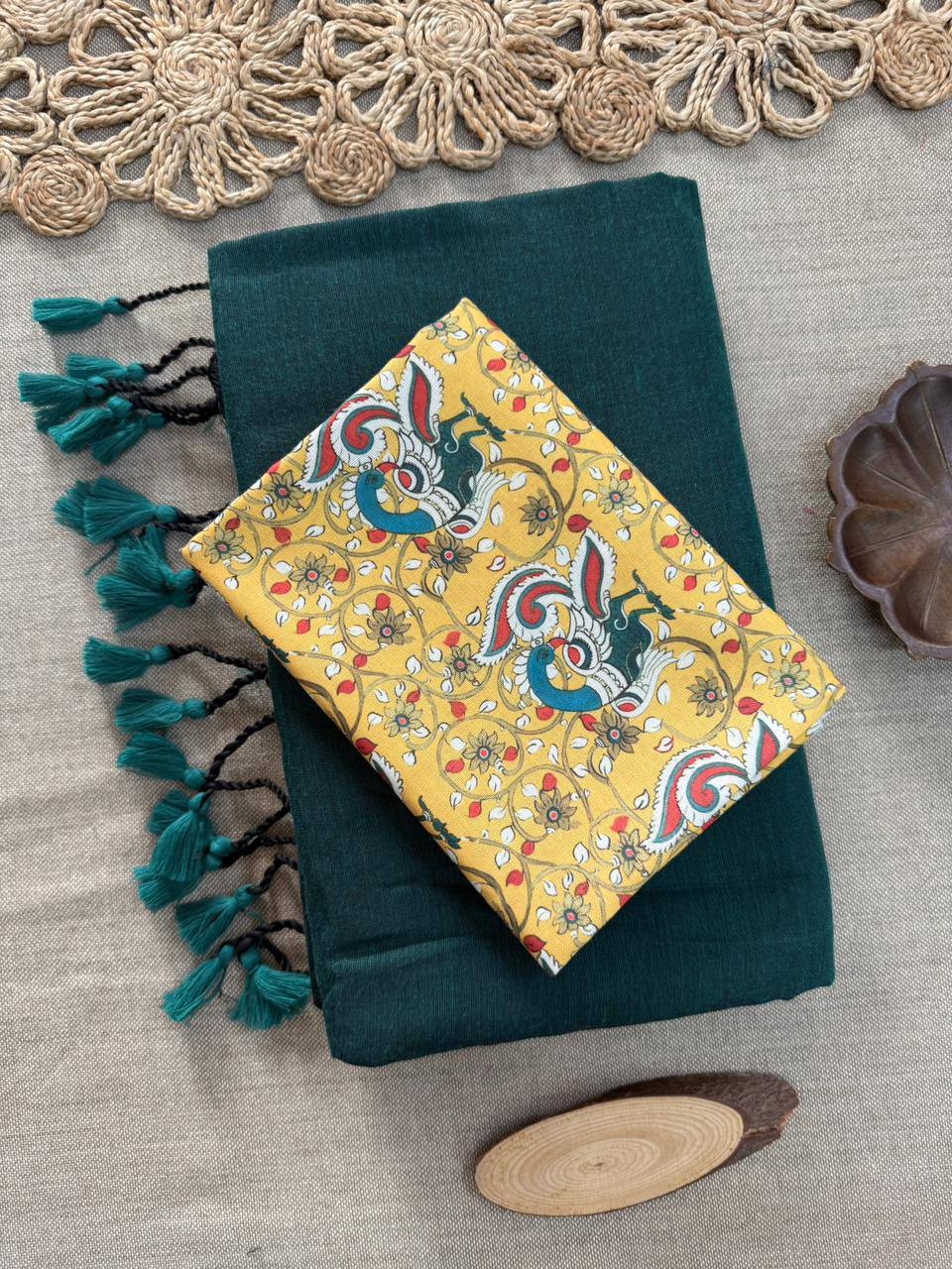 Dharma Exclusive - Rama Handloom Cotton Saree With Printed Blouse