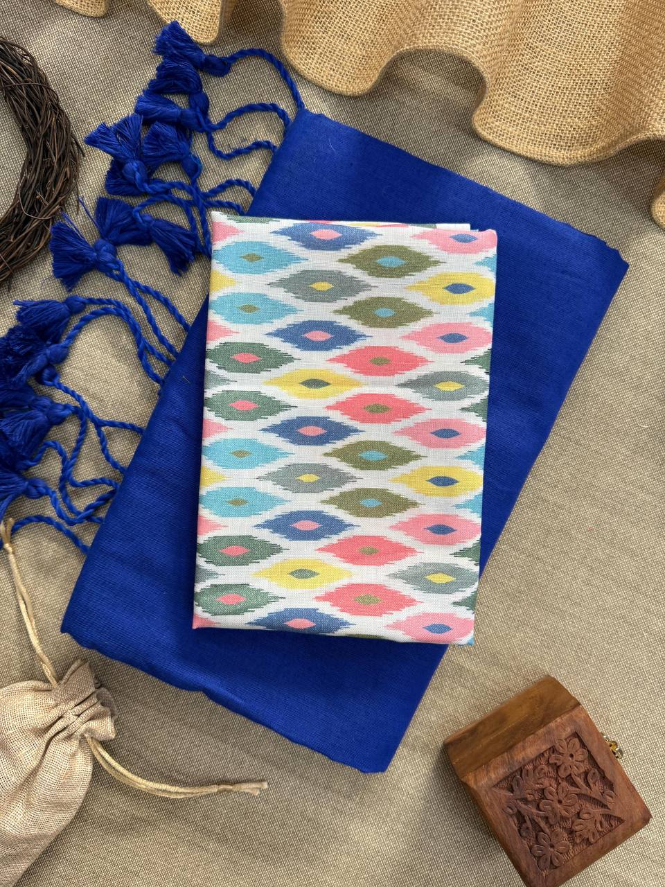 ATTRACTIVE - LIGHT BLUE HANDLOOM COTTON SAREE WITH PRINTED BLOUSE