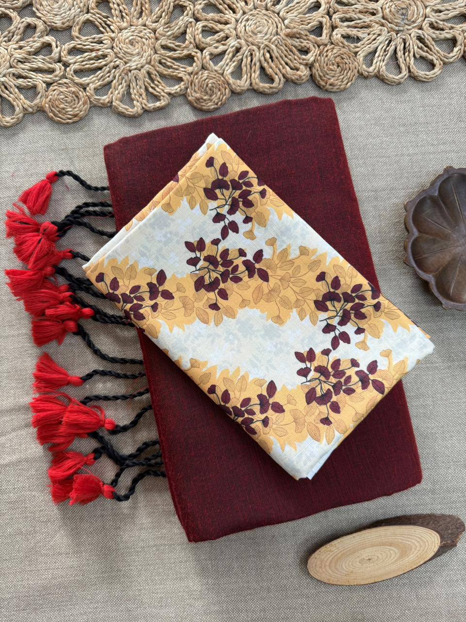 Dharma Exclusive - Maroon Handloom Cotton Saree With Printed Blouse