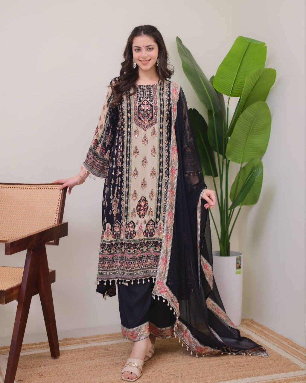 Elegant Black & Beige Printed Model Satin Suit Set with Fancy Mirror Work