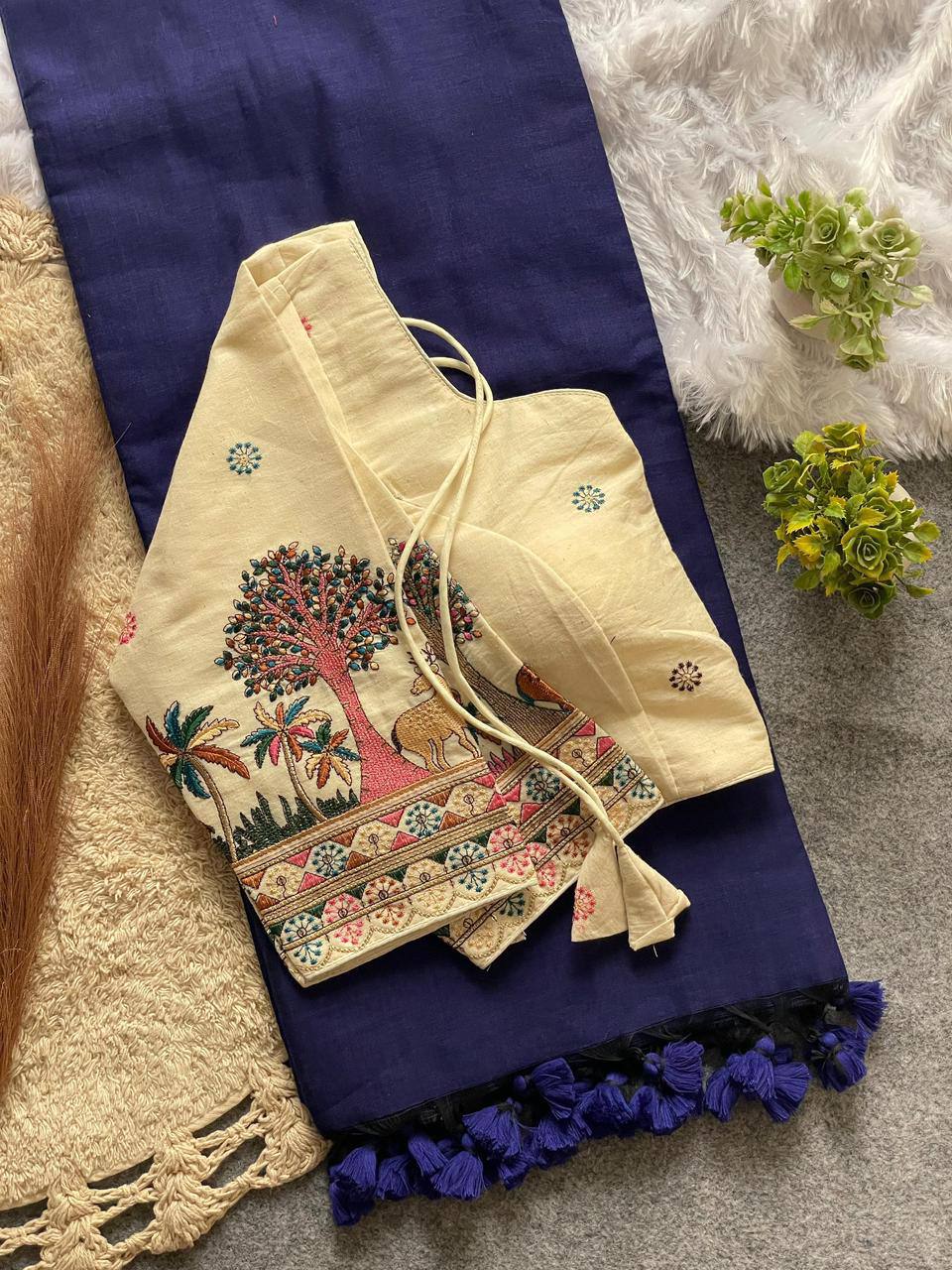 Navy Blue Handloom Cotton Saree With Havy Embroidery Stitched Blouse