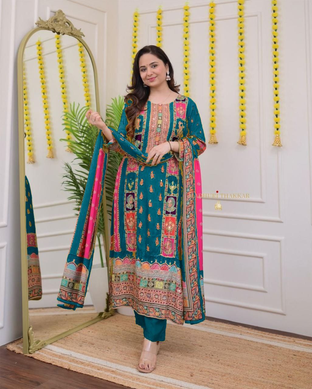 Premium Royal Multi Printed Muslin Suit Set with Embroidered Yoke
