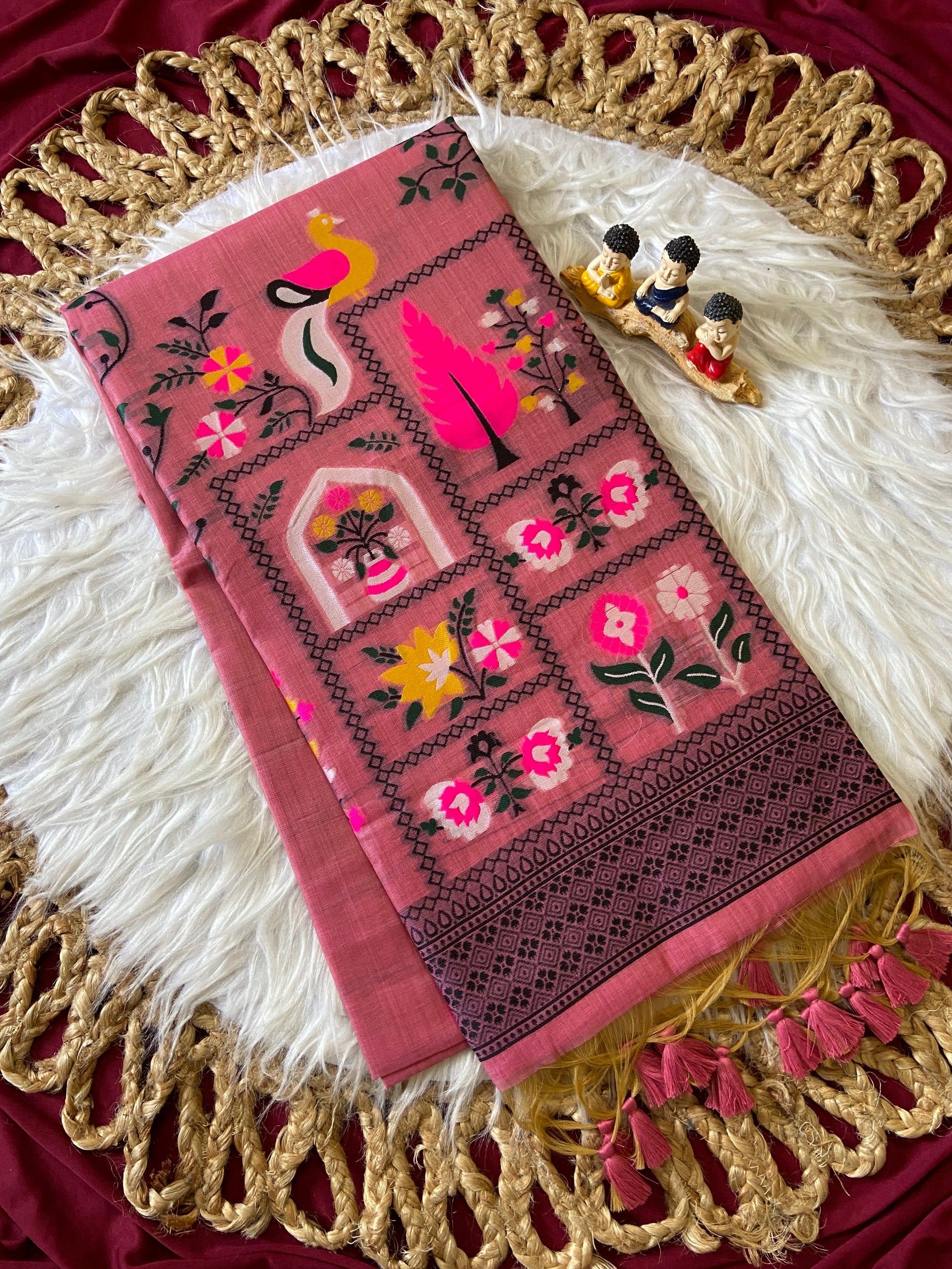 Premium Pink Soft Jamdani Cotton Saree with 3D Woven Peacock Pallu