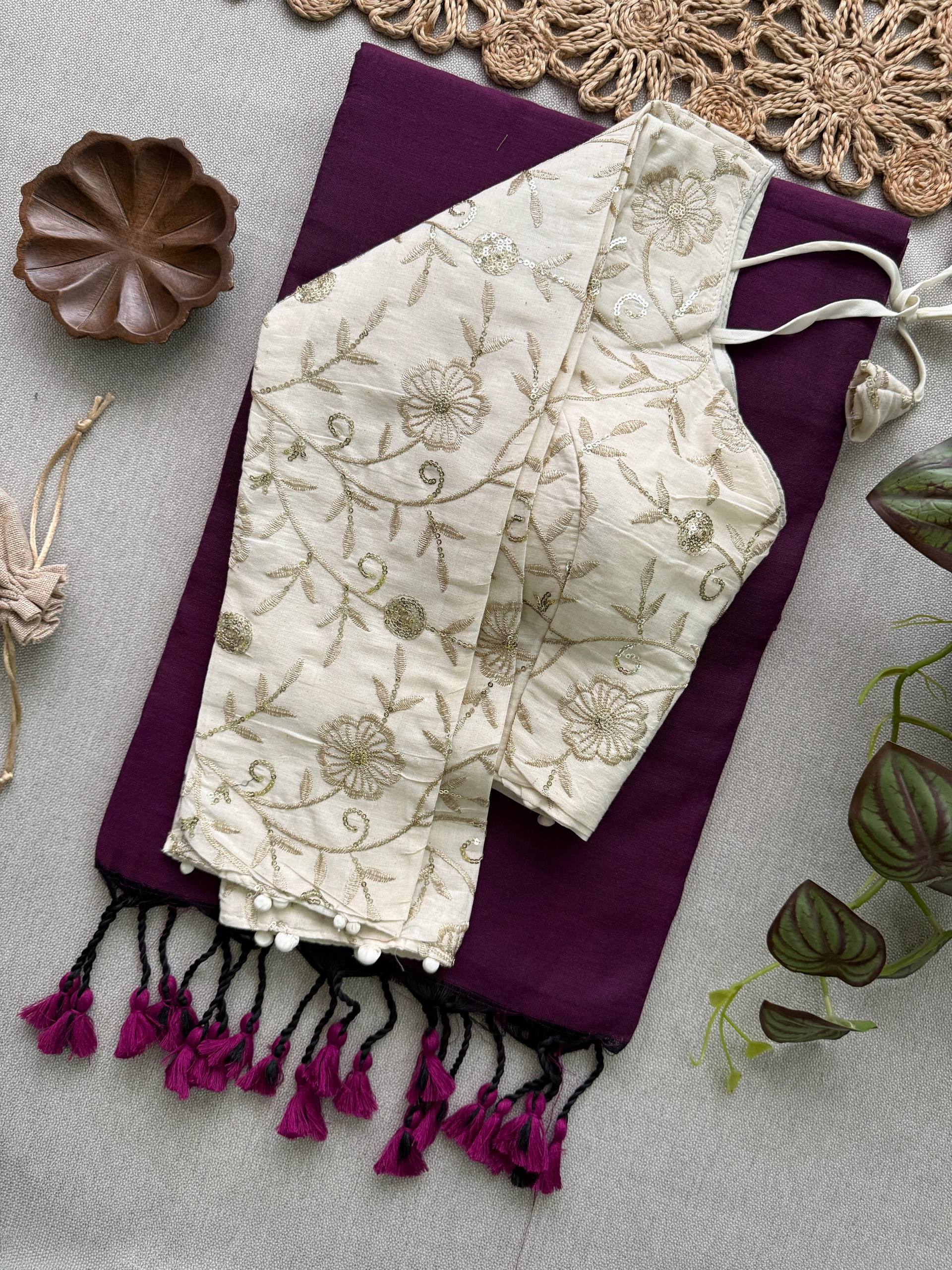 Stylish- Wine Handloom Cotton Saree With Havy Embroidery Work Stitched Blouse