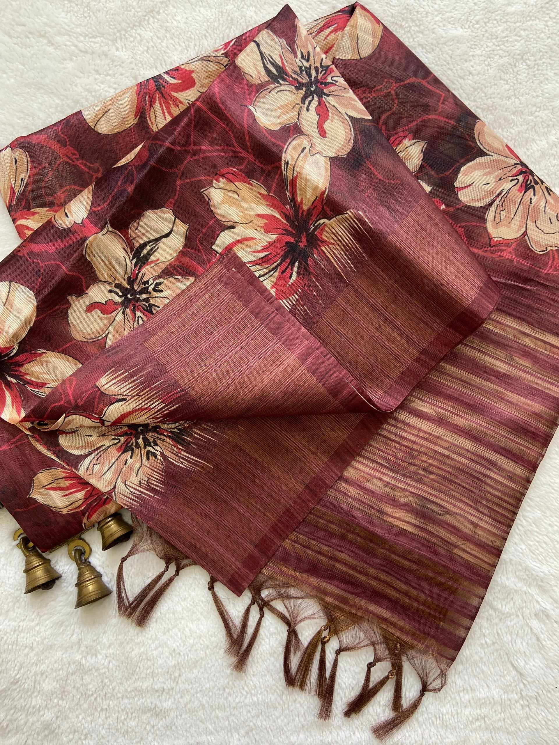 Elegant Maroon Floral Prints Soft Tussar Silk Saree with Tassel Pallu