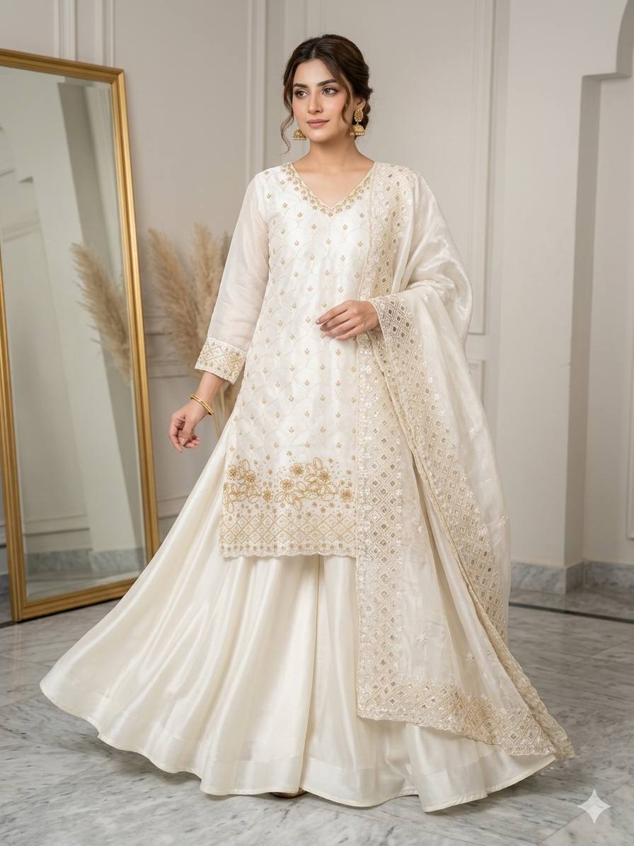 Elegant White Fendy Silk Sharara Suit Set with Sequence Embroidery Work