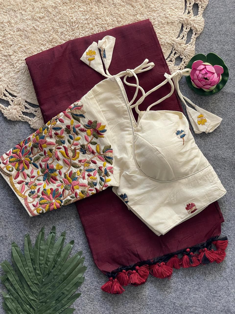 Dharma Exclusive - Maroon Handloom Cotton Saree With Havy Embroidery Stitched Blouse