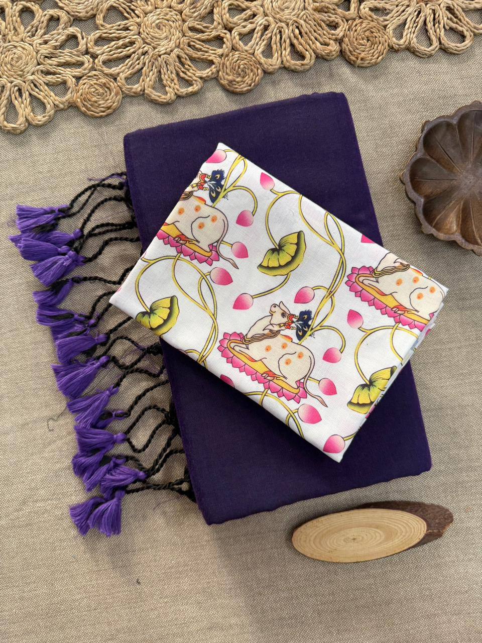 Dharma Exclusive - Navy Blue Handloom Cotton Saree With Printed Blouse