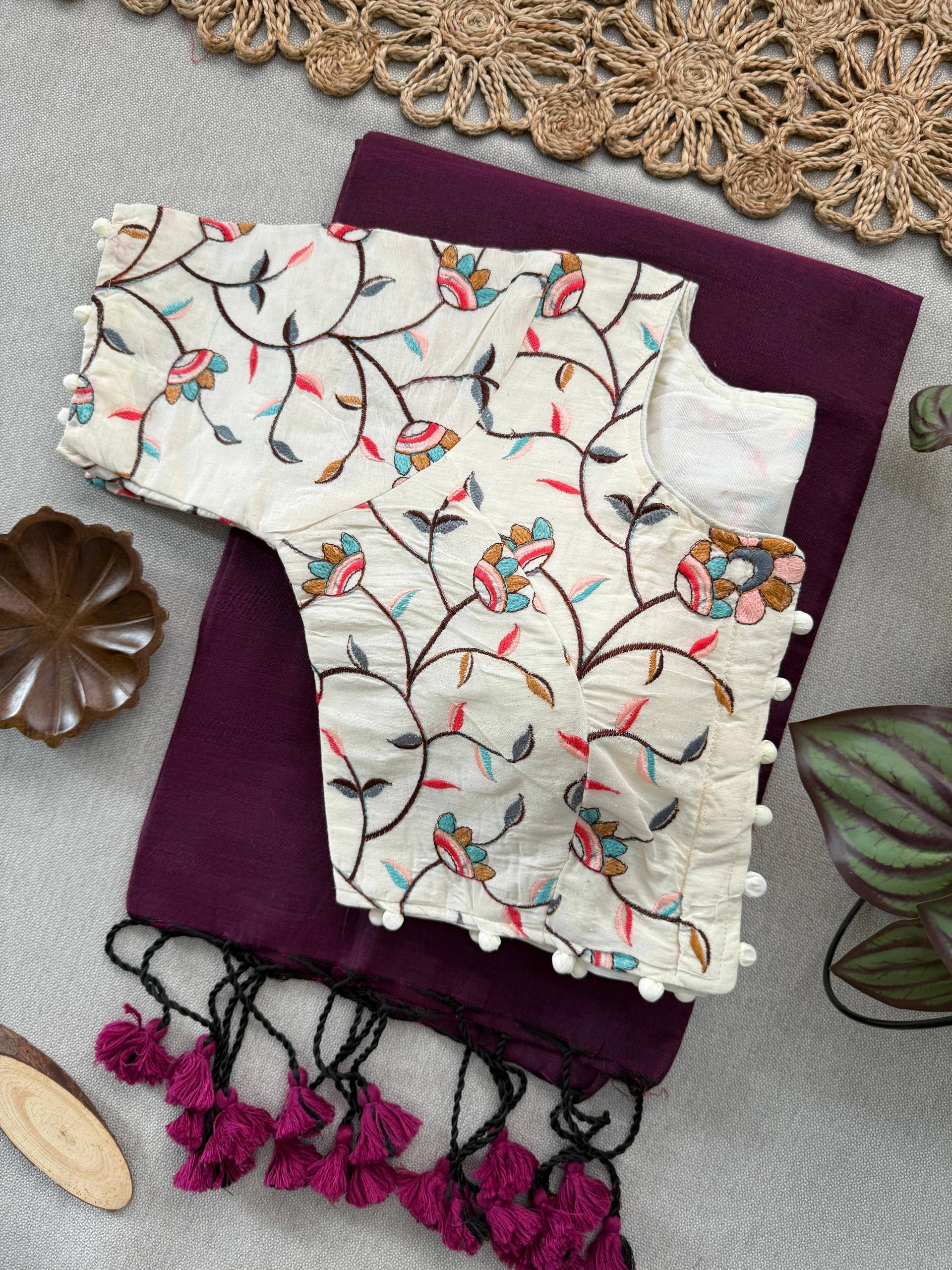 Wine Handloom Cotton Saree With Embroidery Stitched Blouse