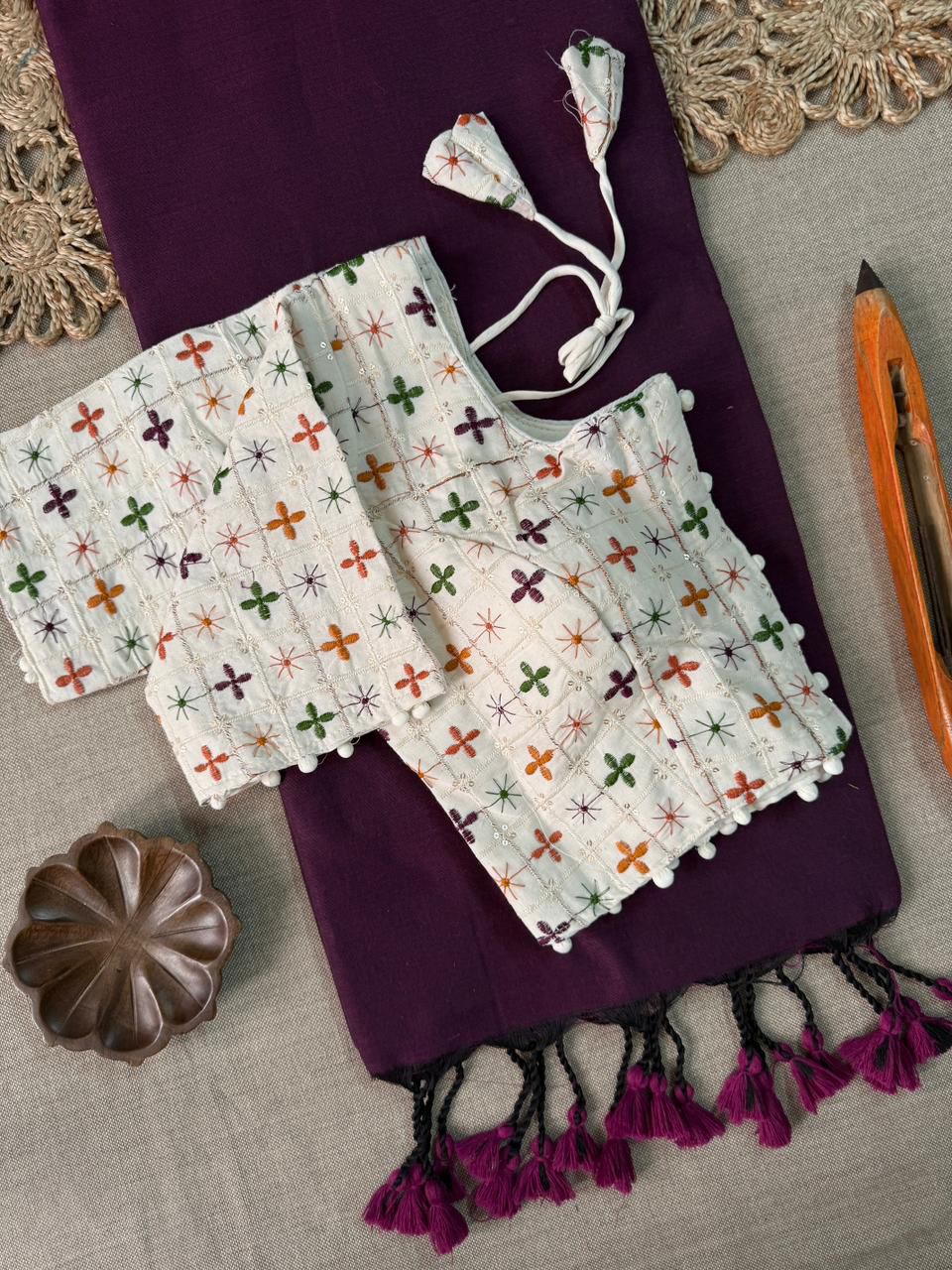 Dharma Exclusive - Wine Handloom Cotton Saree With Havy Embroidery Stitched Blouse