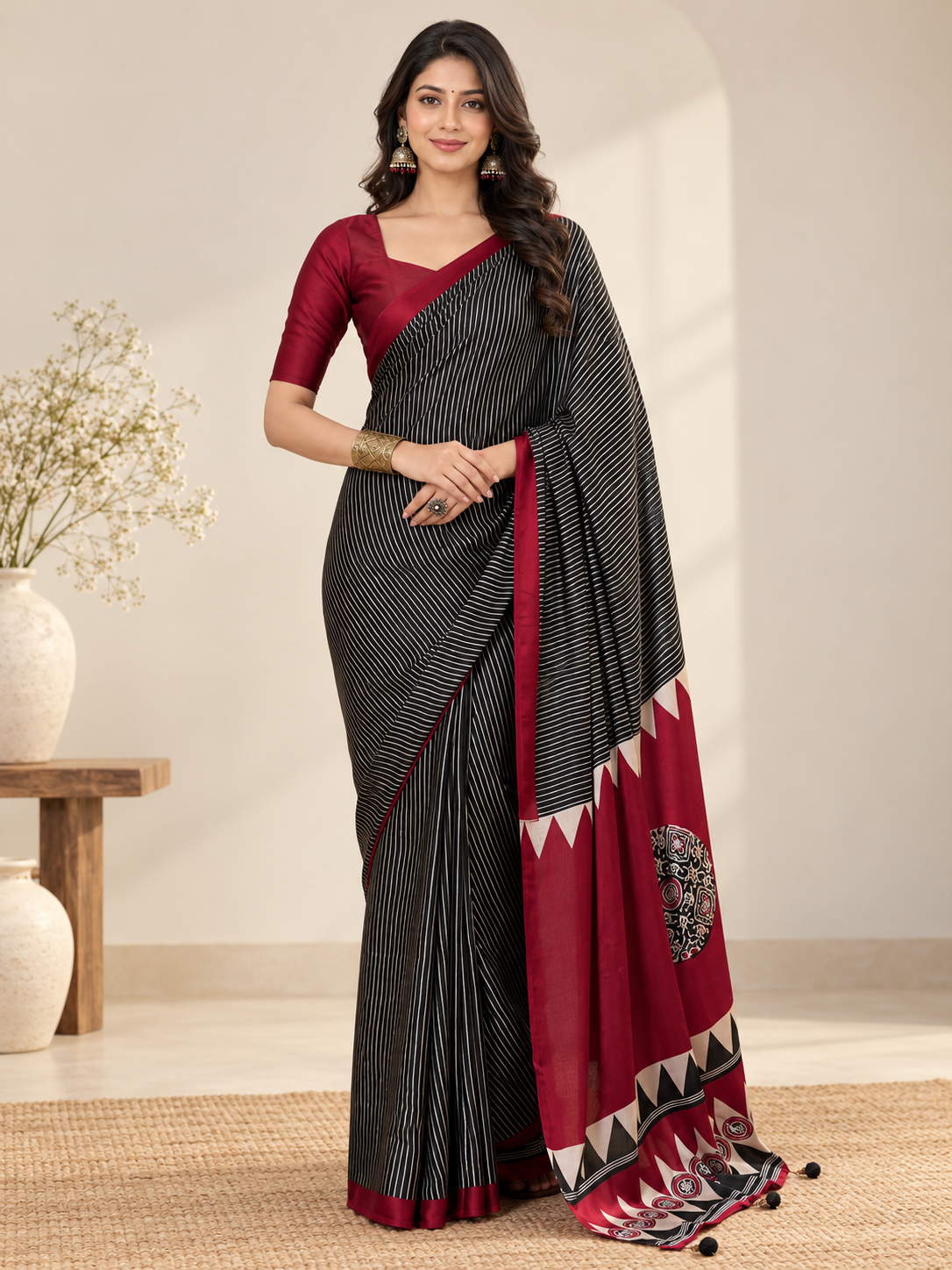 Elegant Black Handcrafted Striped Modal Silk Saree