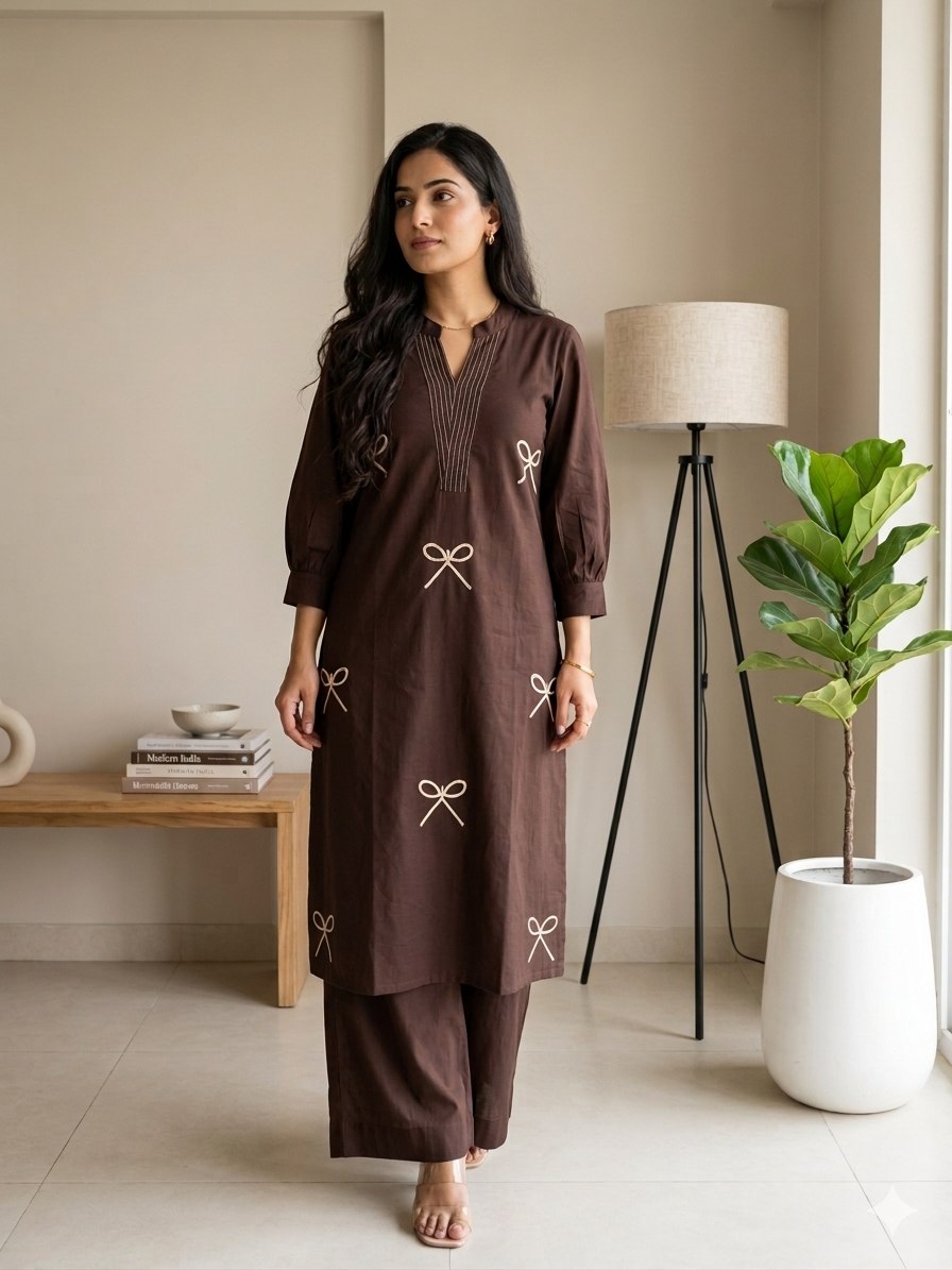 Elegant Mocha Brown Voile Cotton A-Line Tunic Set with Thread Work