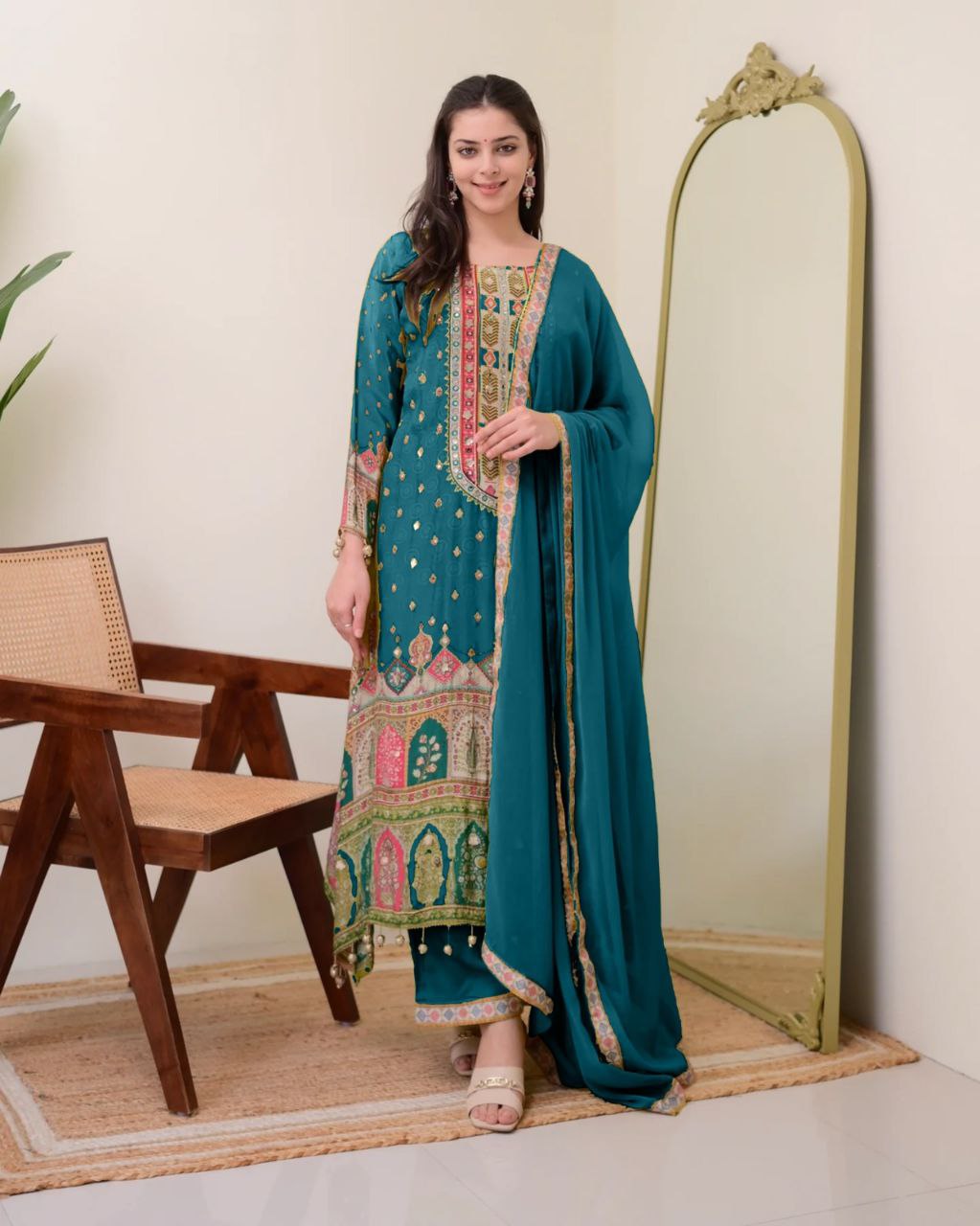 Royal Teal Shimmer Printed Suit Set with Fancy Mirror Work