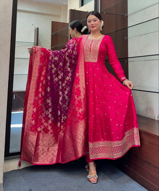 MOST PLEASING BANANA SILK ANARKALI STYLE SUIT SET