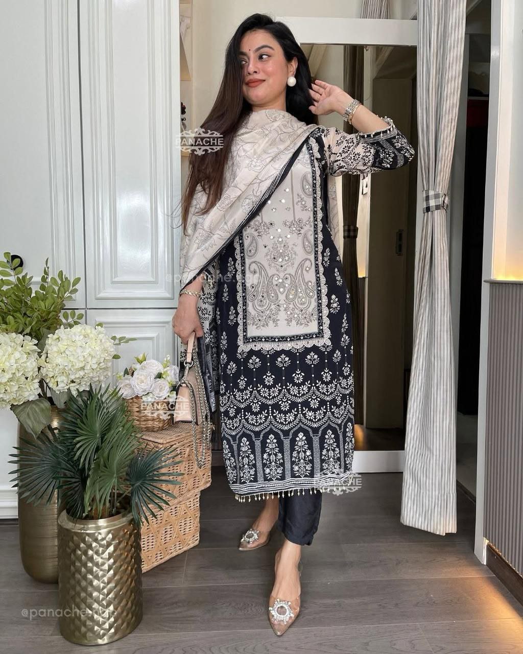 Premium Black and White Chinon Silk Salwar Suit with Premium Diamond Hand Work