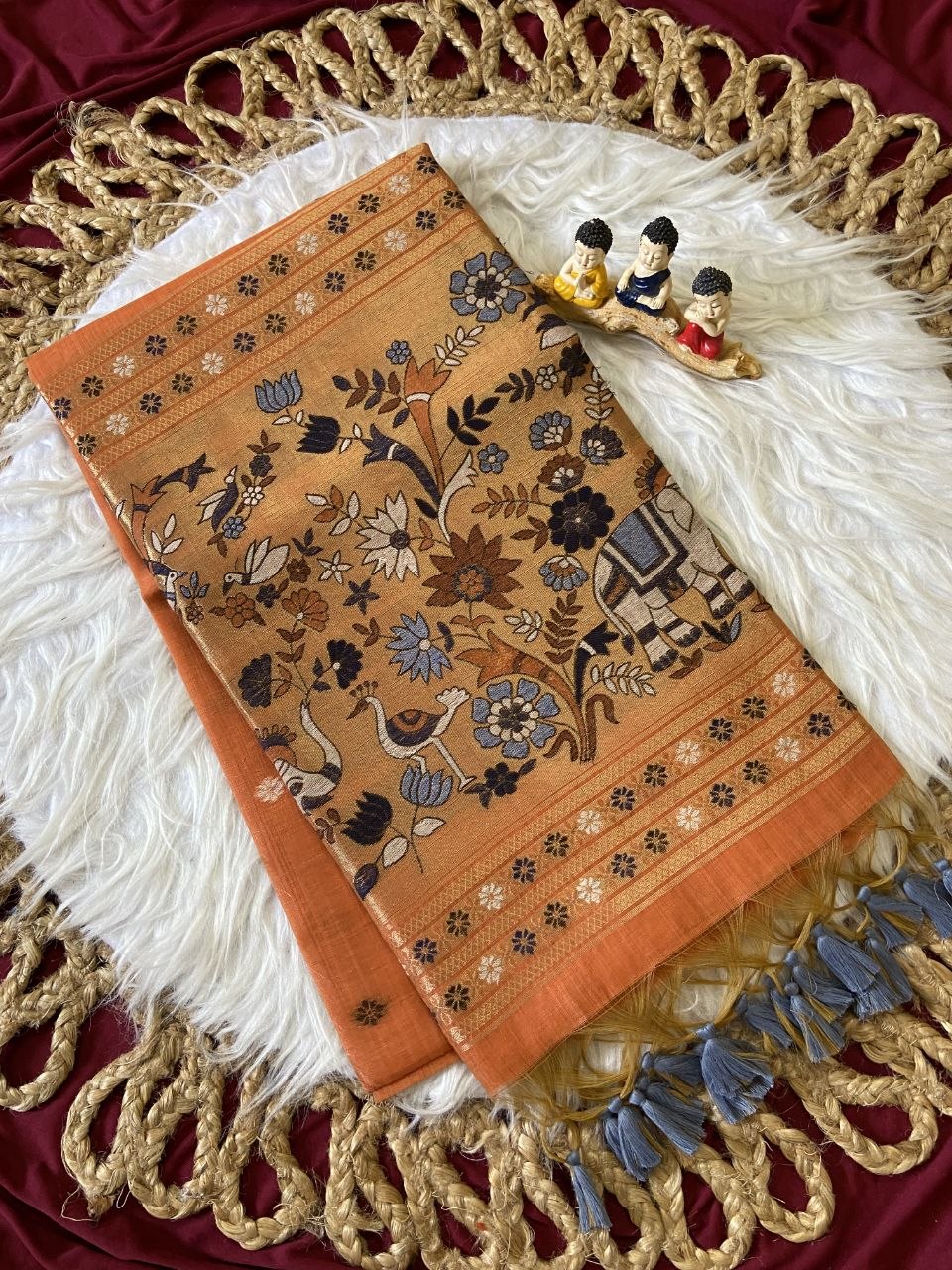 Premium Rust Orange Soft Muga Cotton Paithani Saree with 3D Woven Traditional Pallu