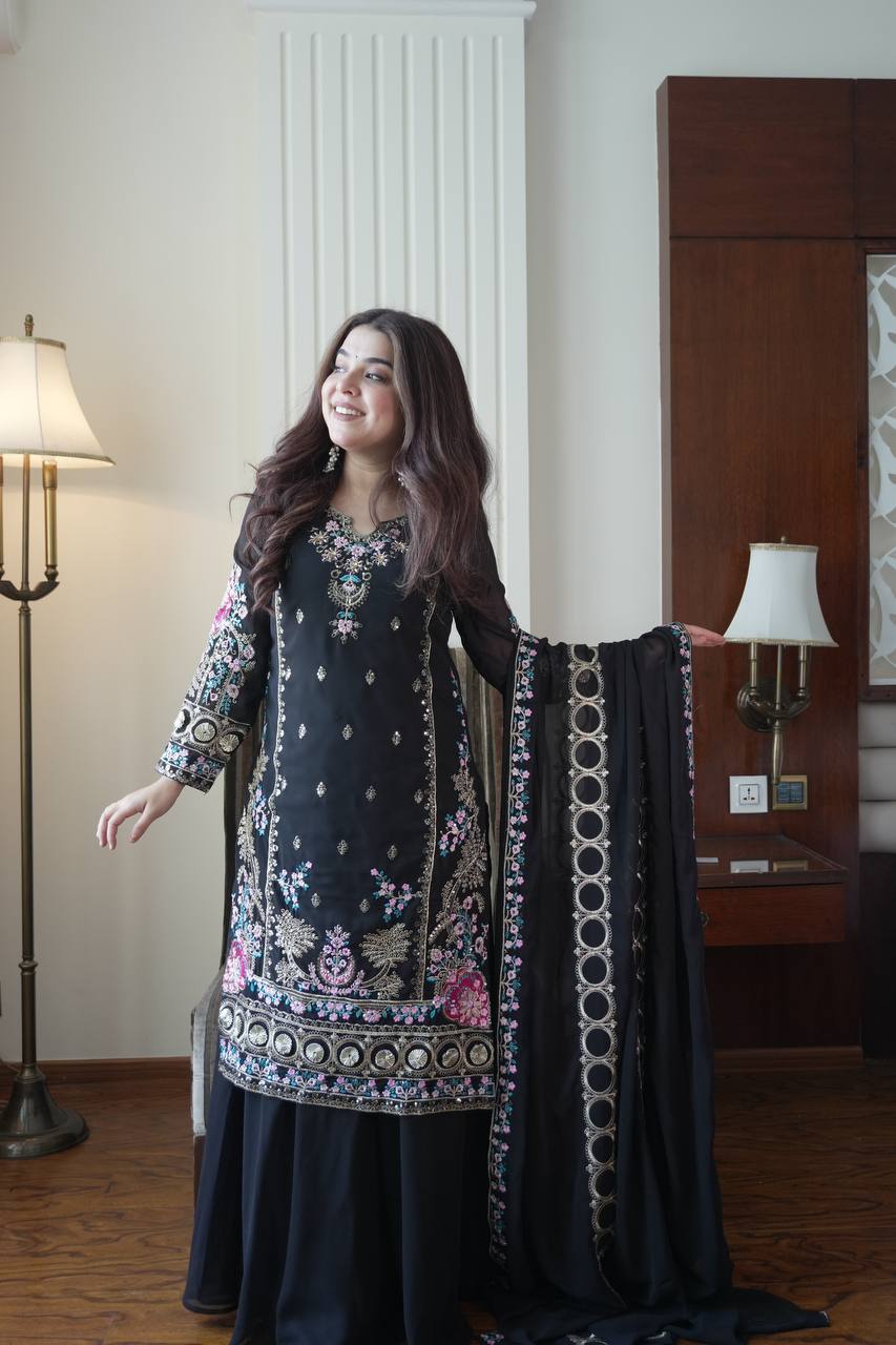 Elegant Black Fox Georgette Designer Suit Set With Embroidery Dupatta