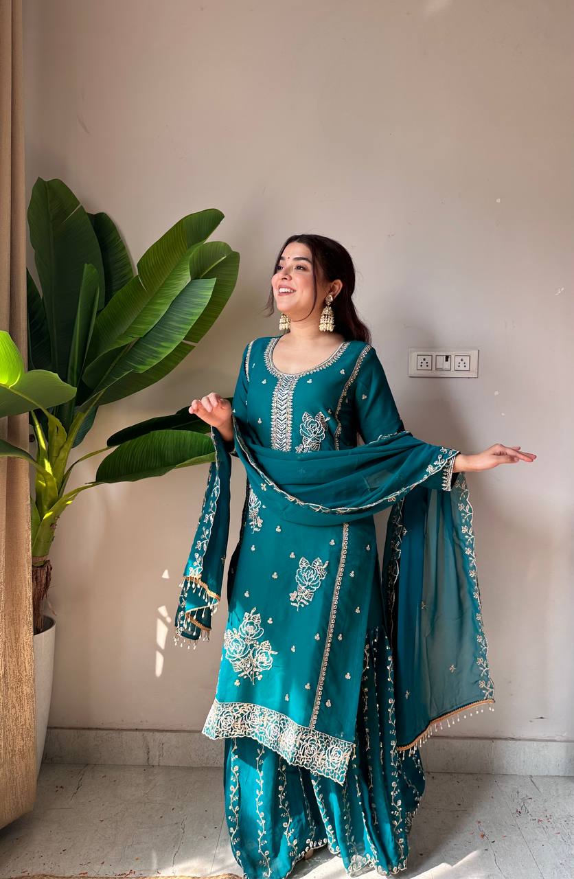 Festive Teal Green Fox Georgette Designer Suit Set with Embroidered Dupatta