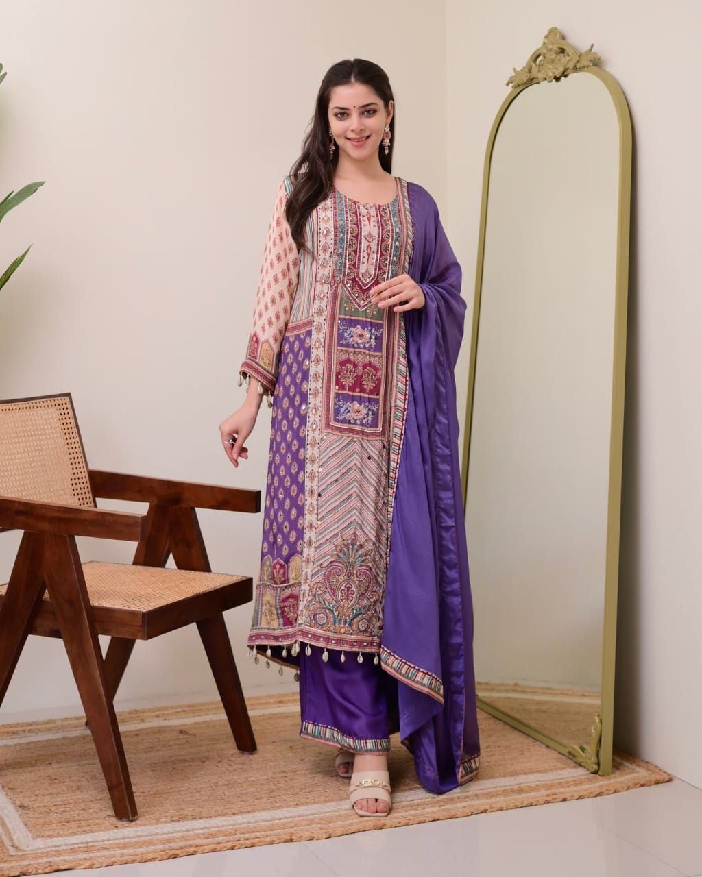 Attractive Violet Patchwork Printed Chinon Suit Set with Fancy Mirror Work