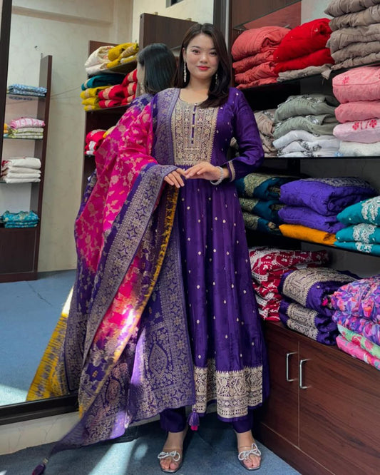 MOST ATTRACTIVE BANANA SILK ANARKALI STYLE SUIT SET