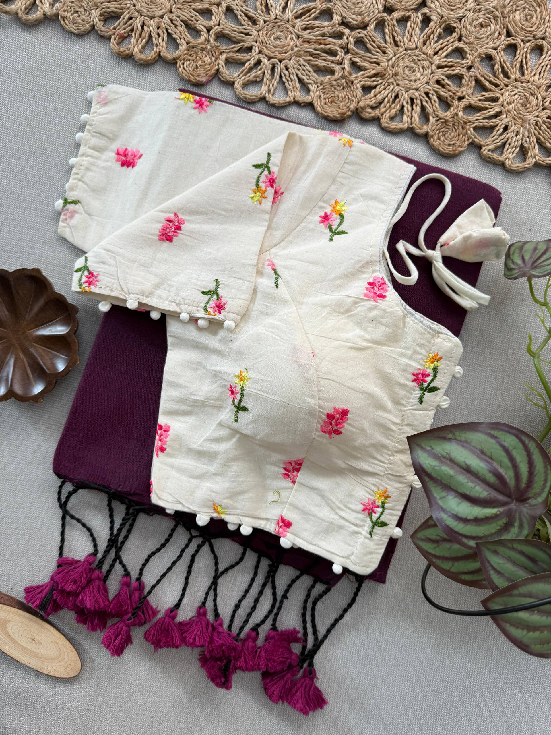 Wine Handloom Cotton Saree With Embroidery Stitched Blouse