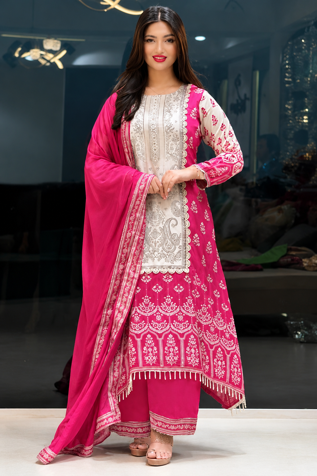 Attractive Rani Pink Chinon Silk A-Line Suit Set with Real Mirror Hand Work