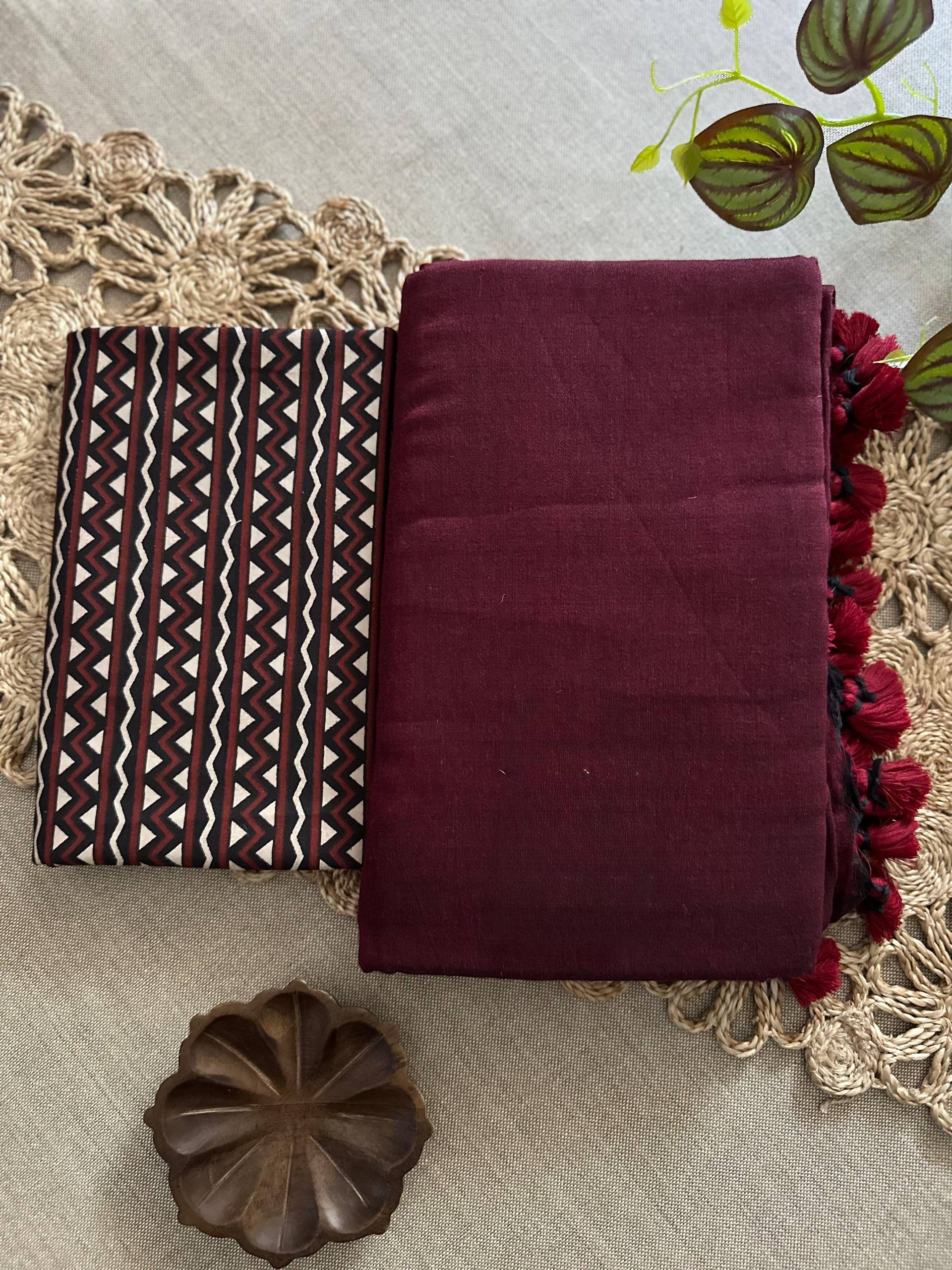 Dharma - Maroon Handloom Cotton Saree With Traditional Printed Blouse