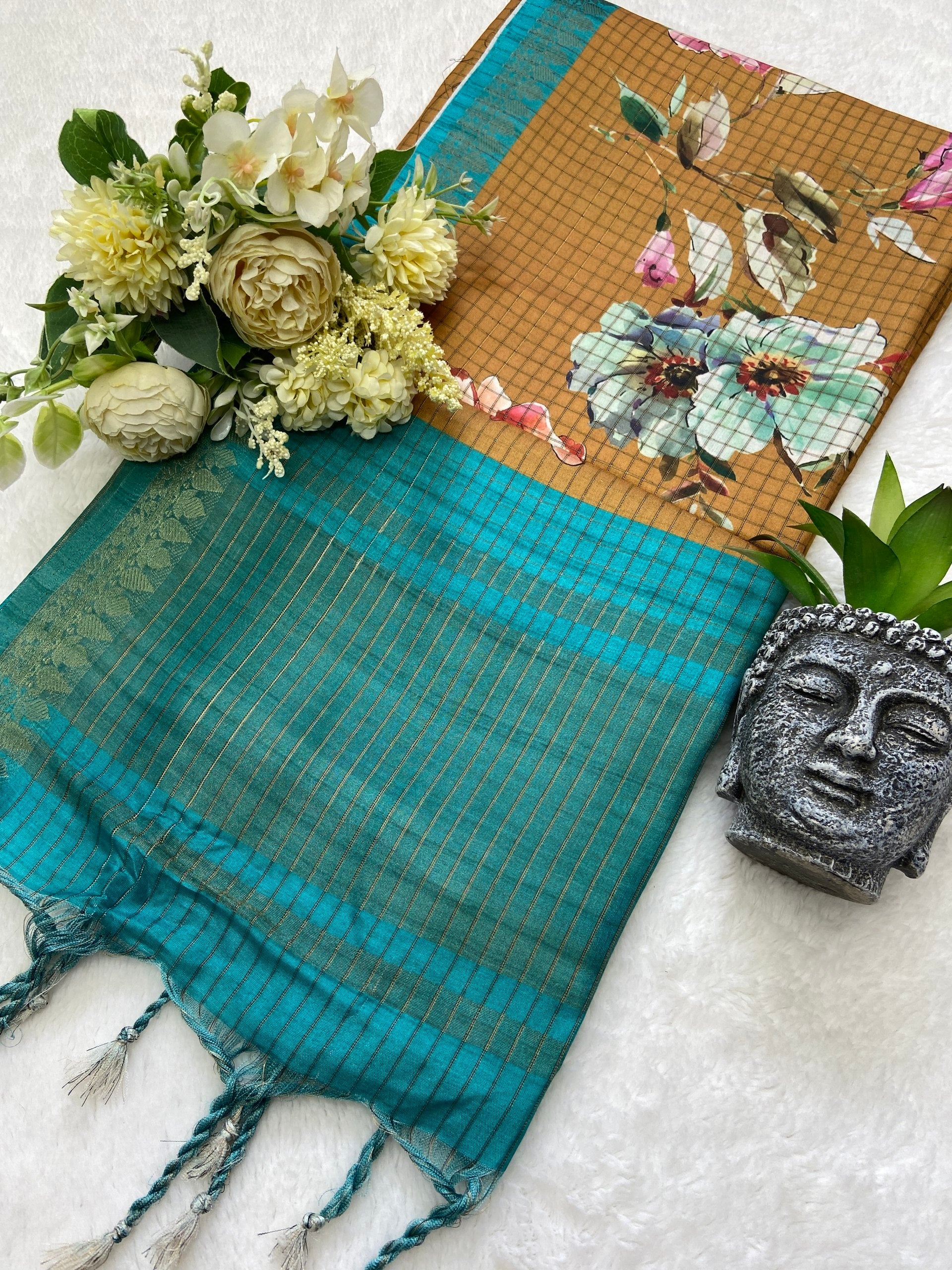 Pavitra Mustard-Teal Floral Print Soft Tussar Silk Saree