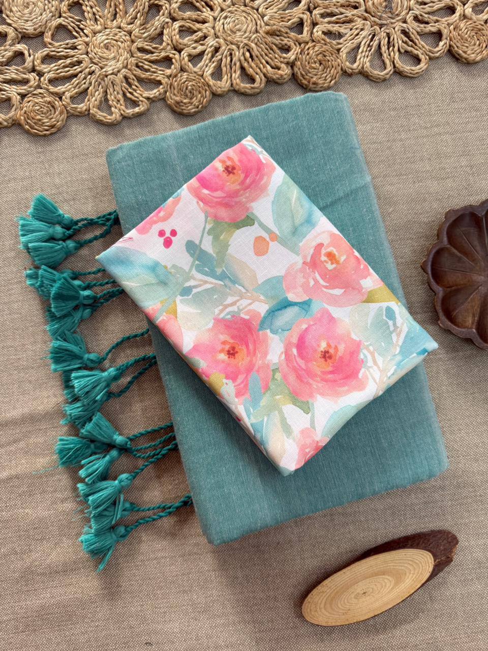 Dharma Exclusive - C Green Handloom Cotton Saree With Printed Blouse