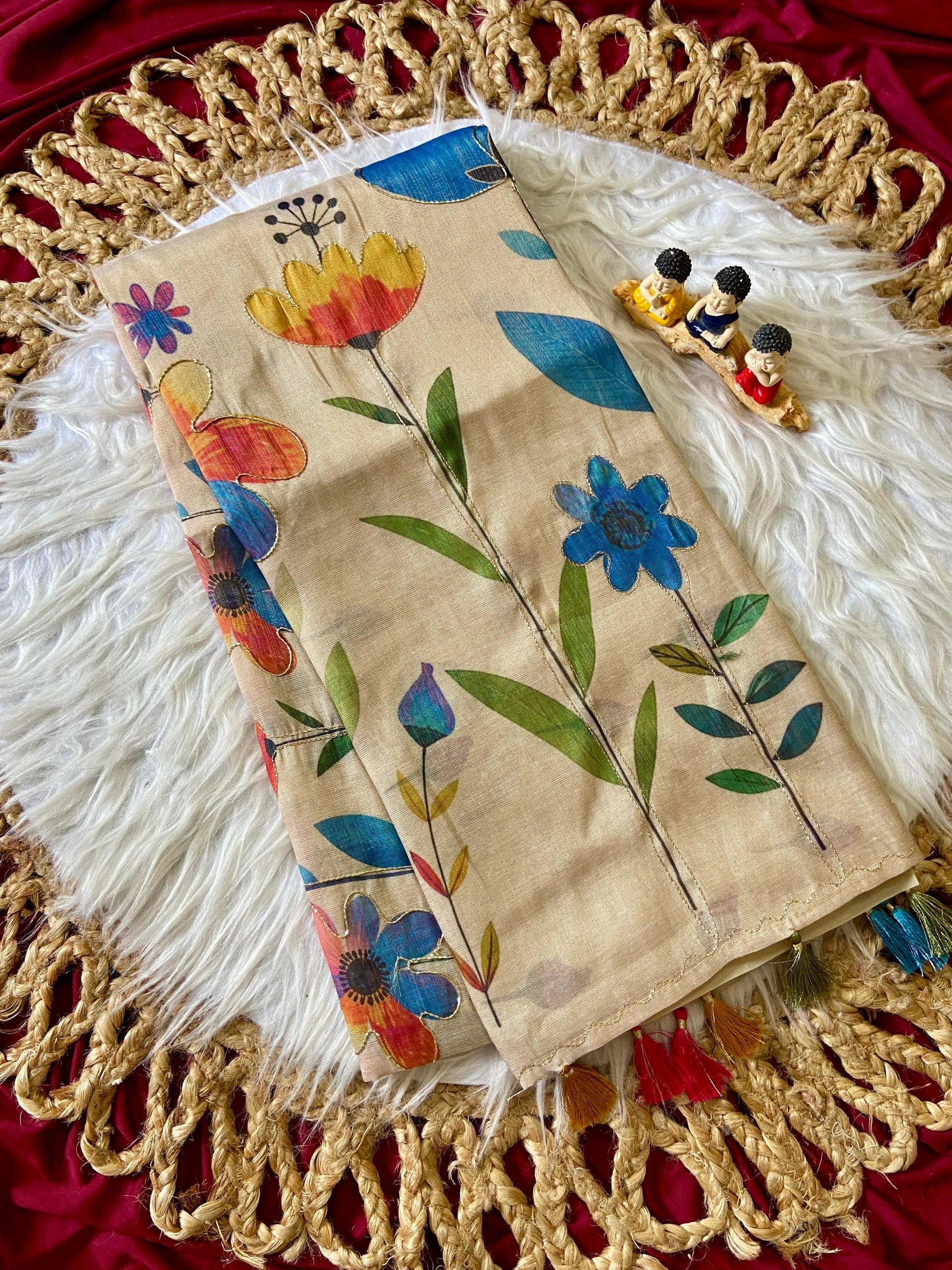 Premium Beige Multicolored Floral Handcrafted Aari Work Tissue Silk Saree