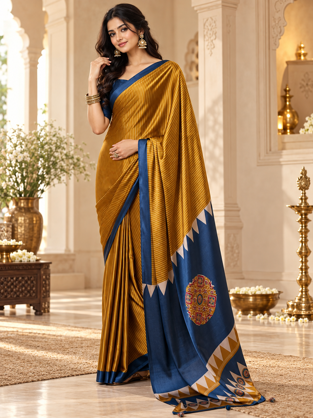 Catchy Mustard Yellow Handcrafted Striped Modal Silk Saree