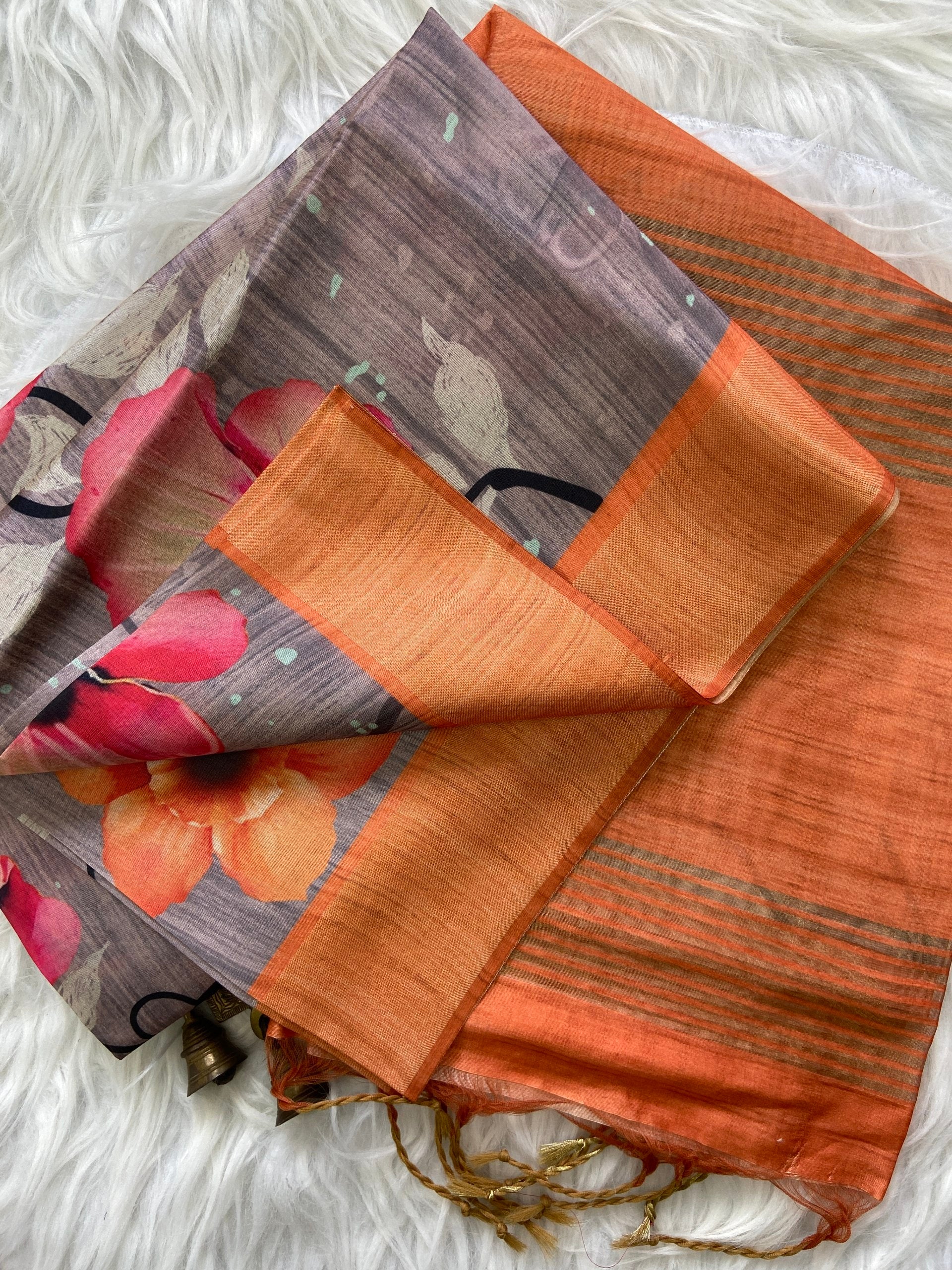 Chhaya Slate-Orange Floral Print Soft Tussar Silk Saree