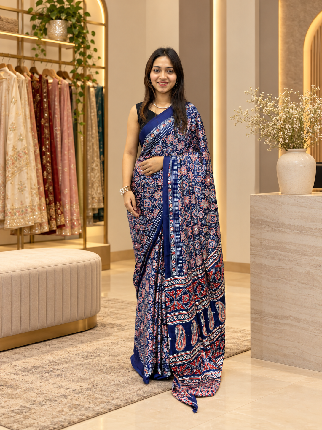 Gorgeous Royal Blue Ajrakh Printed Japan Silk Saree with Elegant Pallu