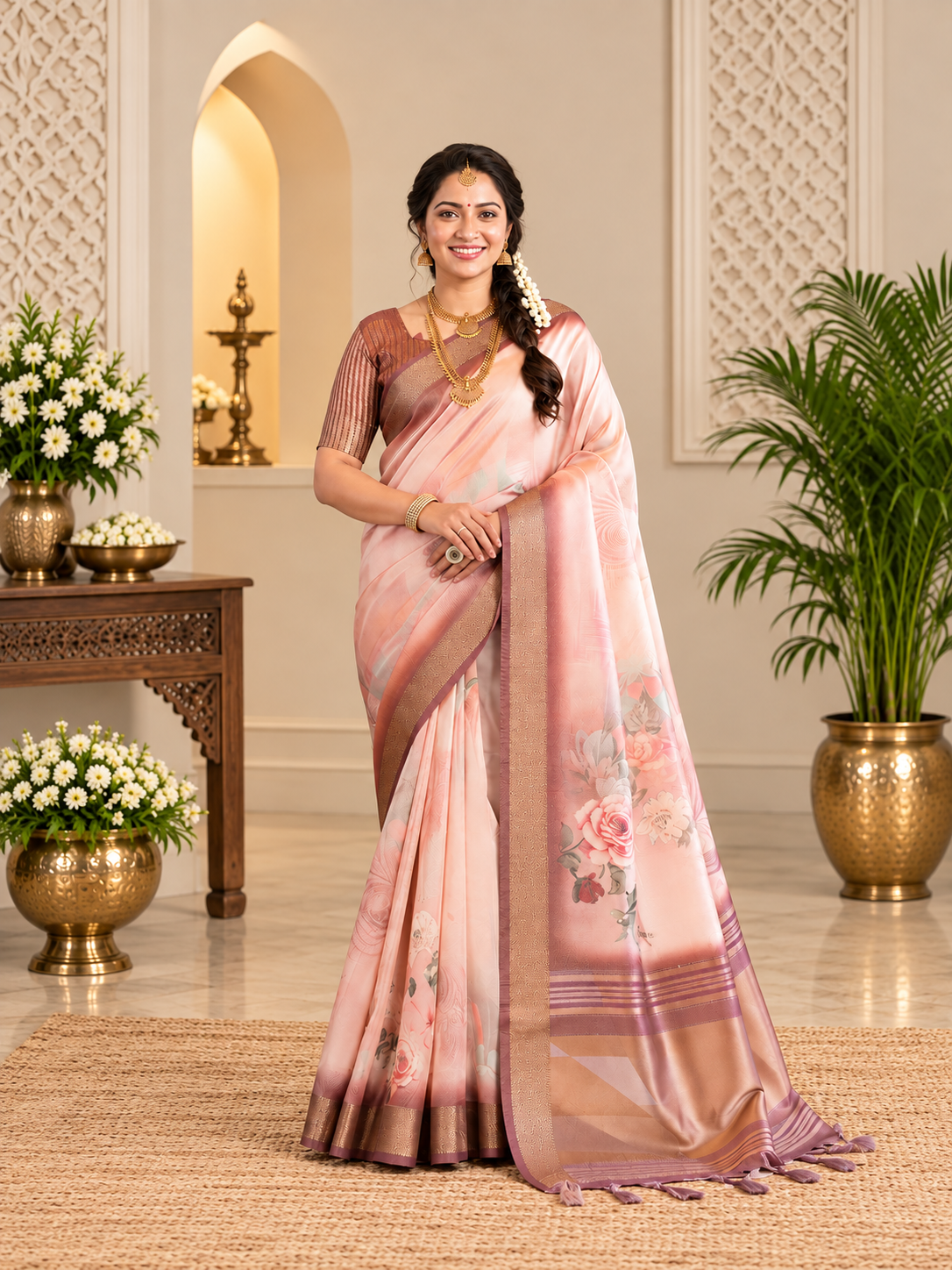 Traditional Peach Soft Tissue Silk Saree with Floral Digital Prints