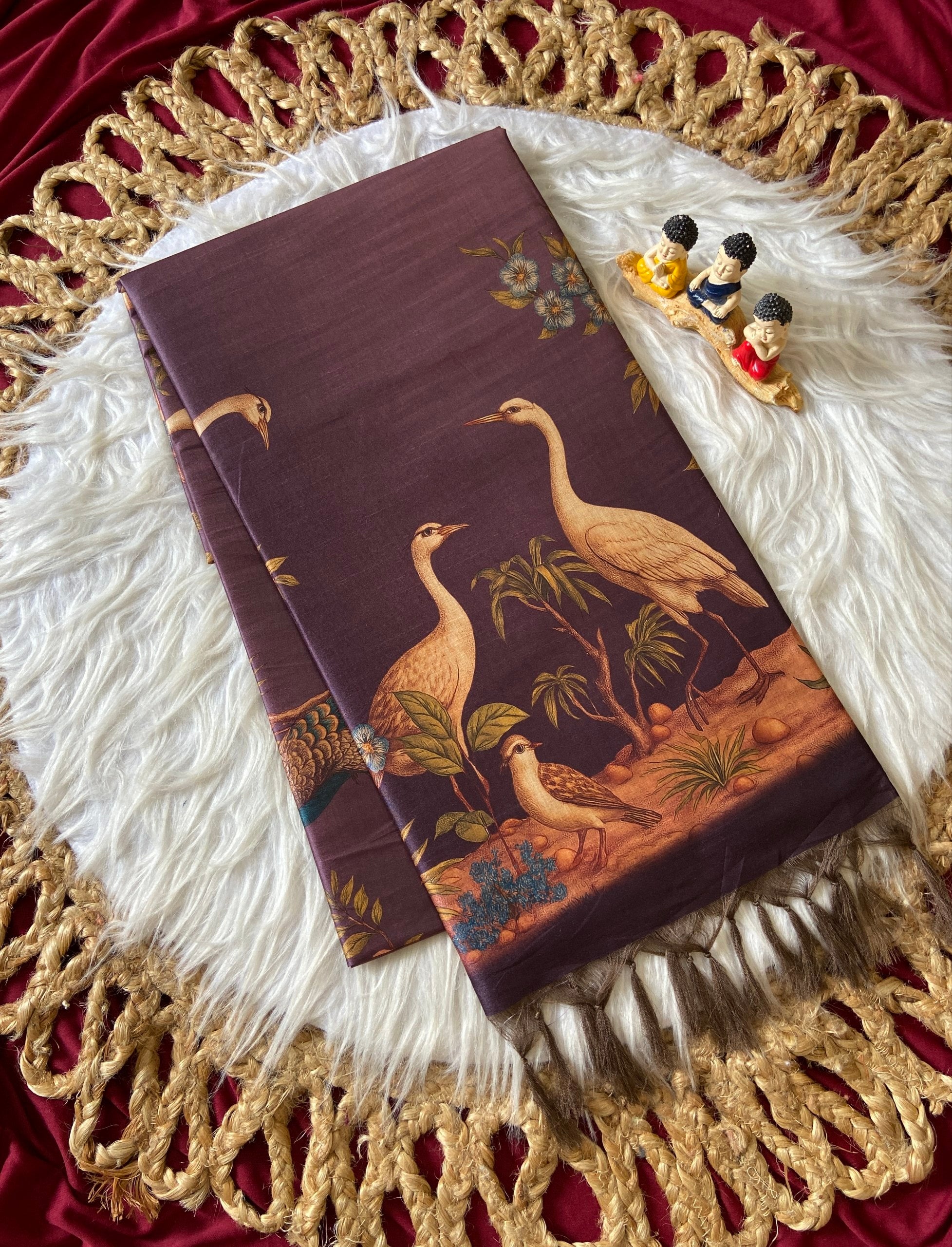 Festive Dark Wine Crane Print Soft Tussar Silk Saree