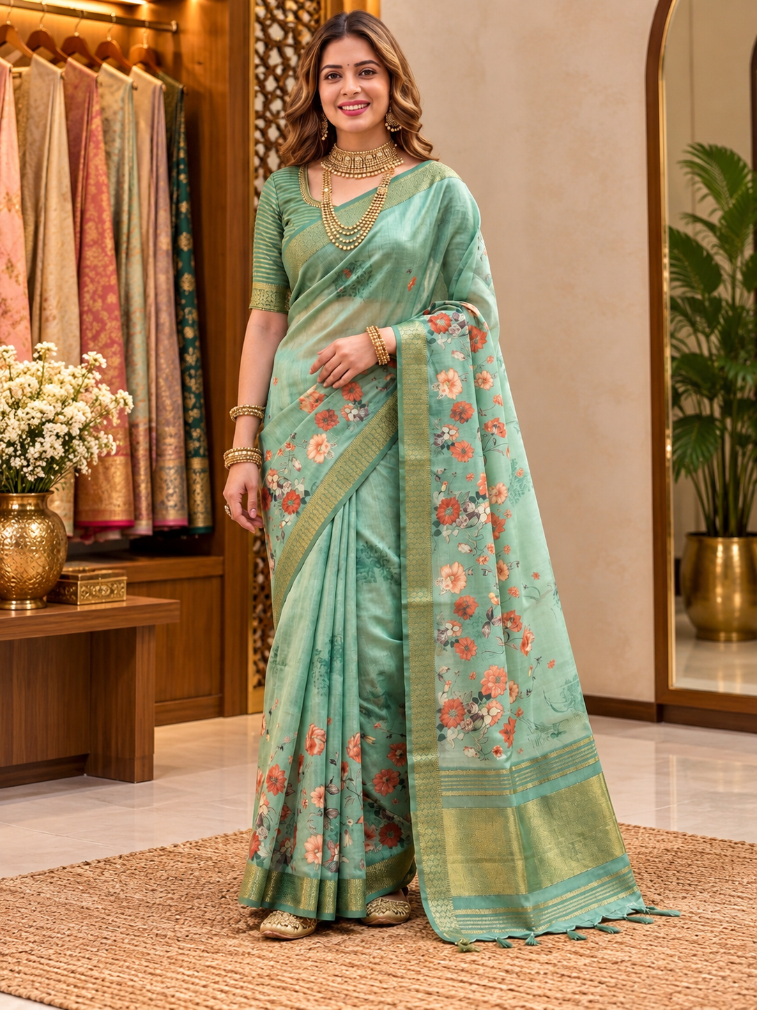 Avyanna Sea Green Floral Print Soft Tissue Silk Saree with Antique Gold Zari Border